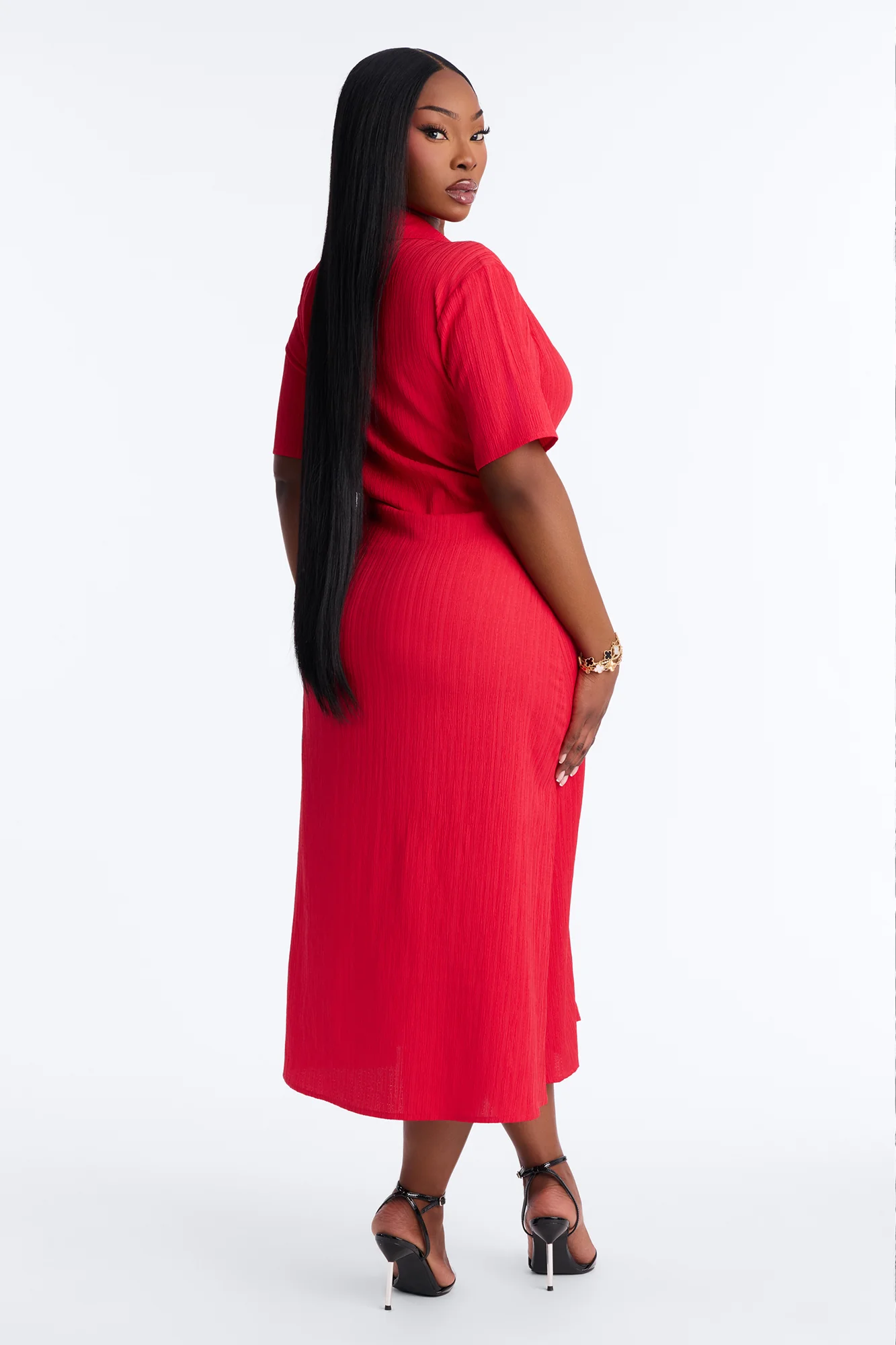 Carmen Ruched Shirt Midi Dress - Red - Image 8
