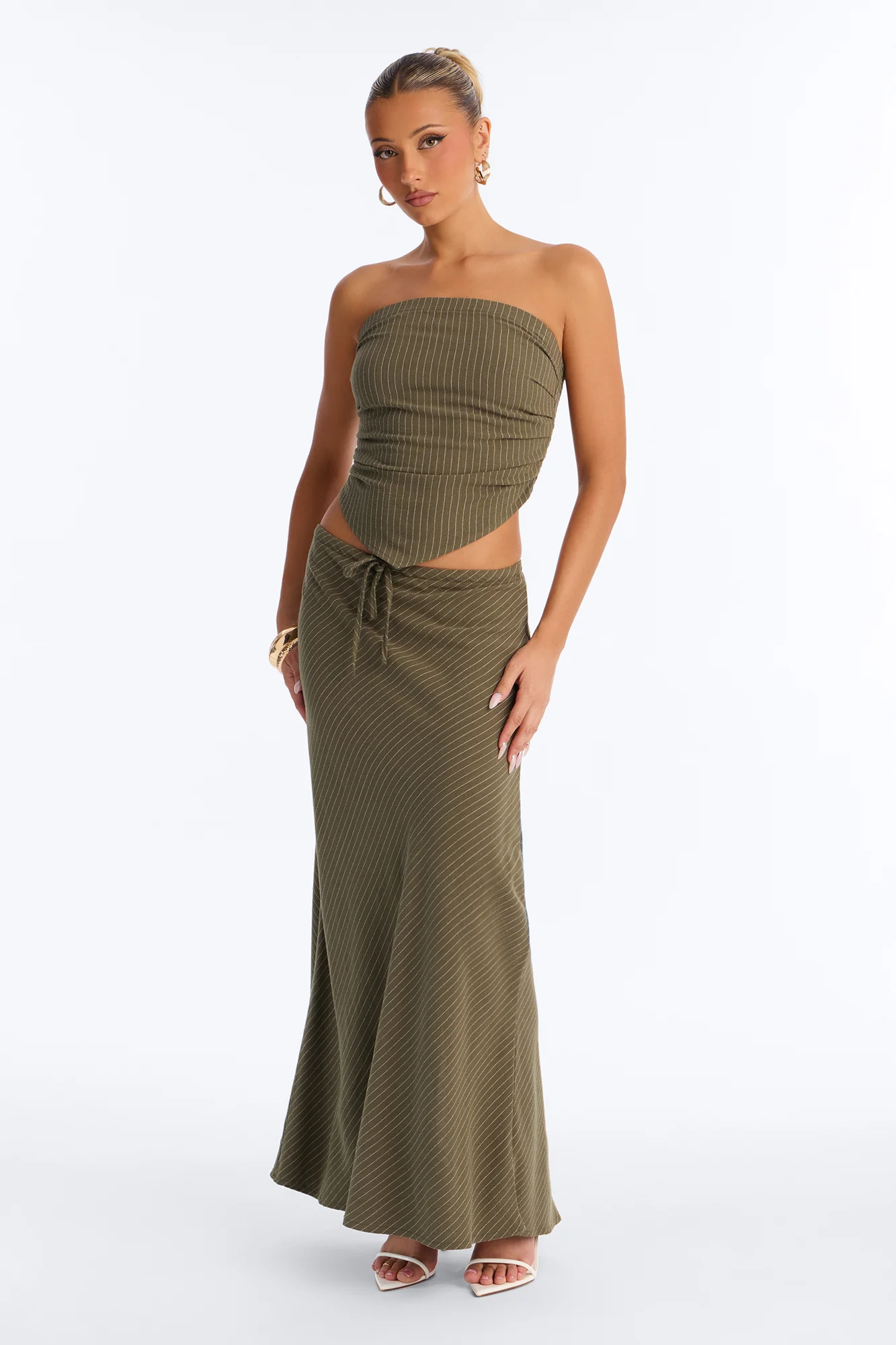 Carolina Linen Pinstripe Maxi Skirt Set - Olive