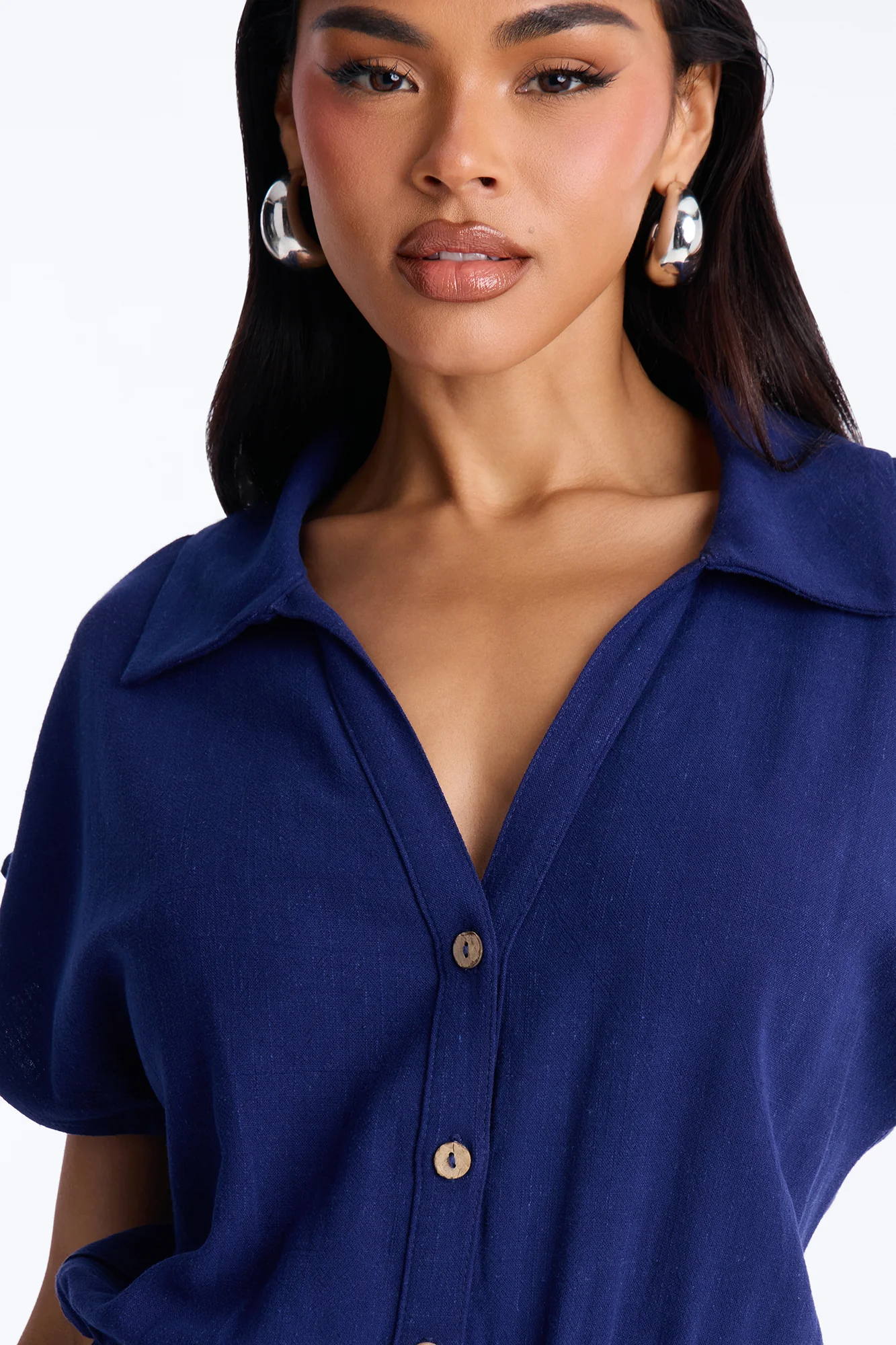 Caroline Button Up Linen Romper - Navy - Image 3