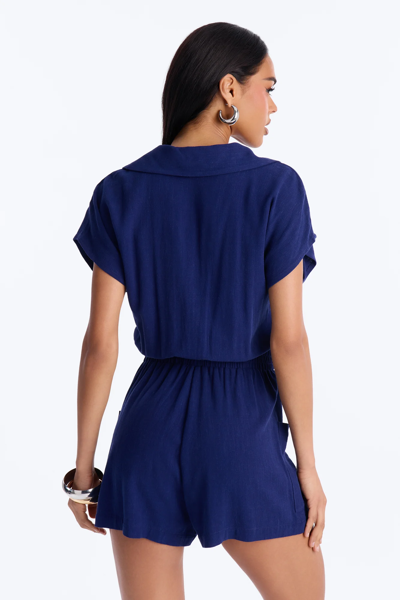 Caroline Button Up Linen Romper - Navy - Image 4