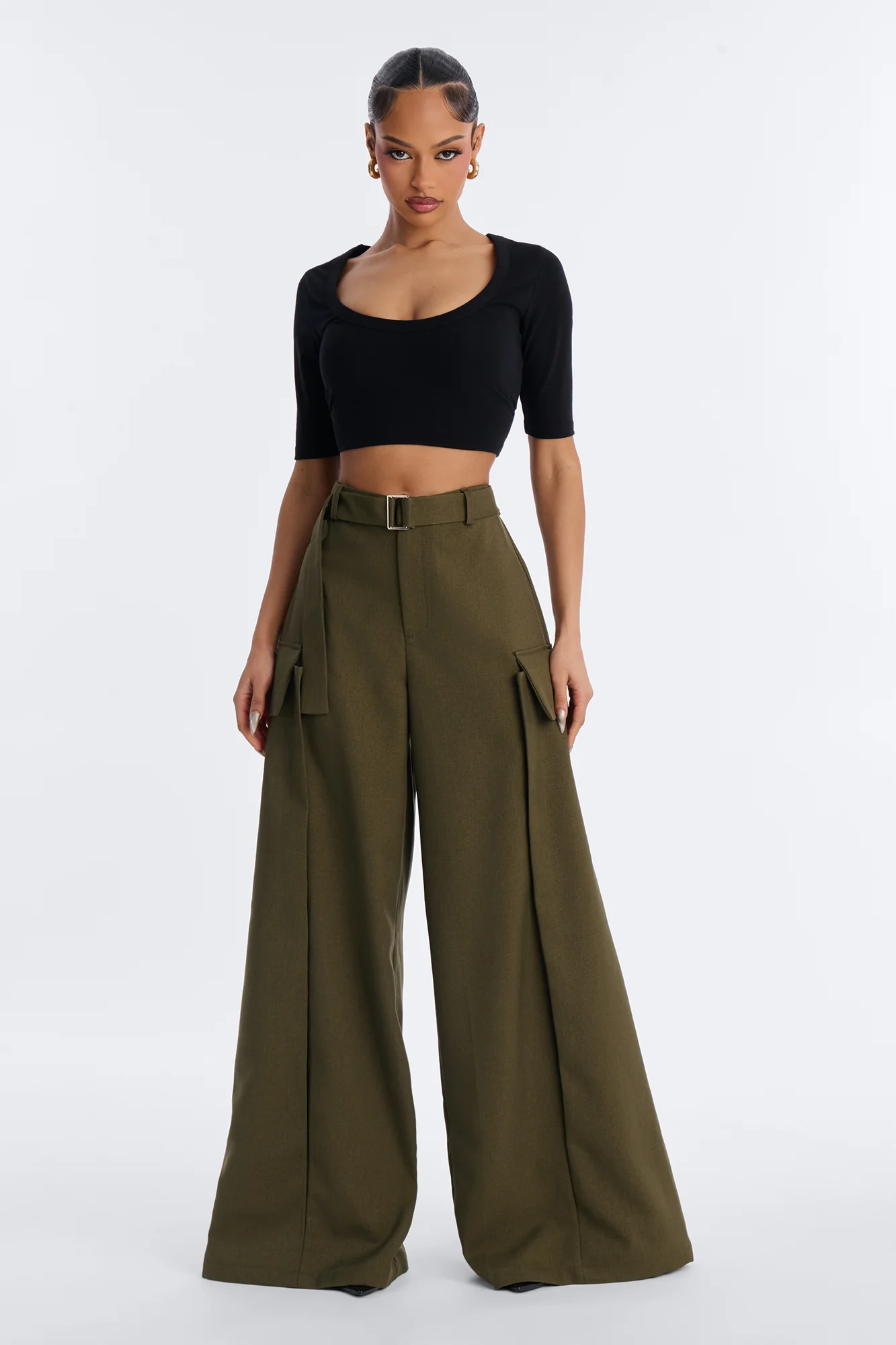 Caroline High Waisted Belted Cargo Wide Leg Trouser - Olive - Image 2