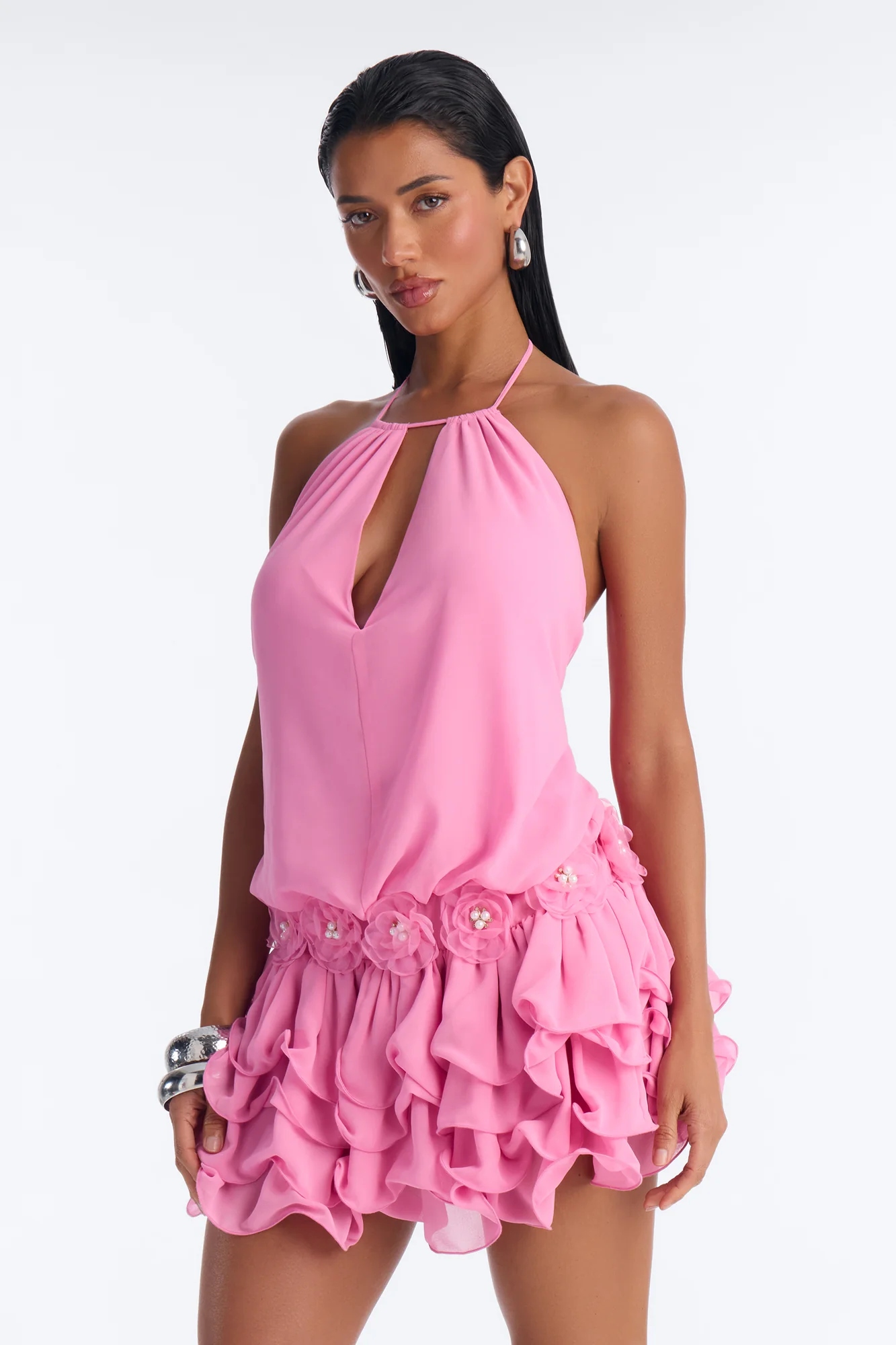 Cassandra Ruffle Chiffon Mini Dress - Pink - Image 2