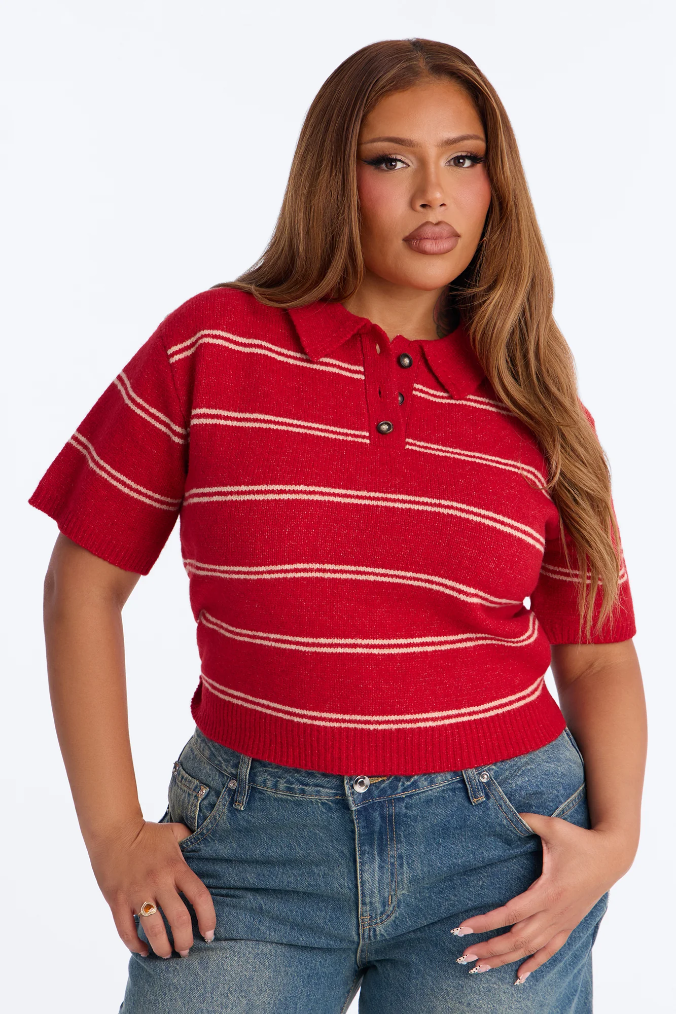 Cassidy Striped Polo Sweater - Red/combo - Image 2