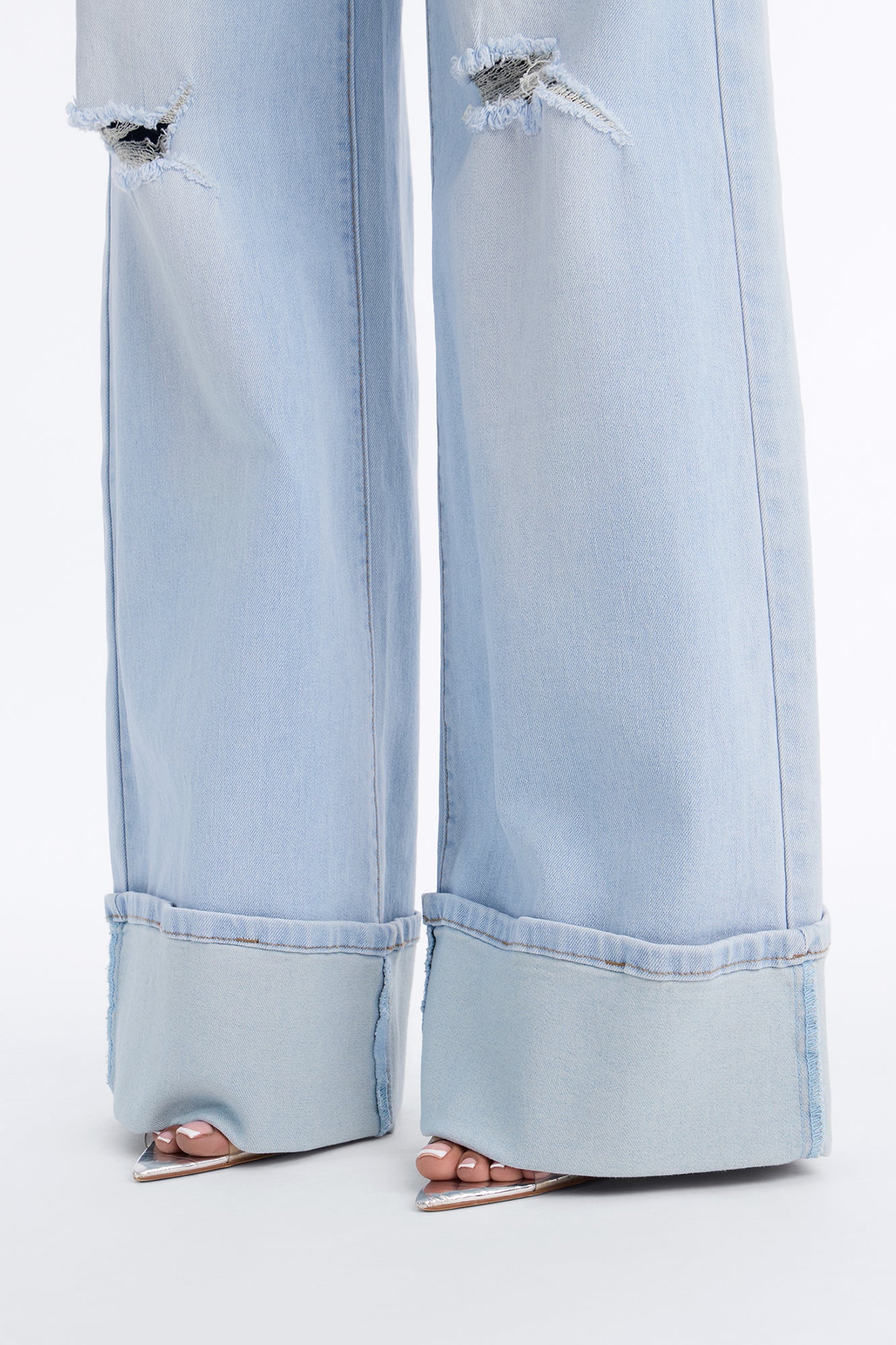 Catch You Later Turn Up Stretch Wide Leg Jeans - Light Wash - Image 3