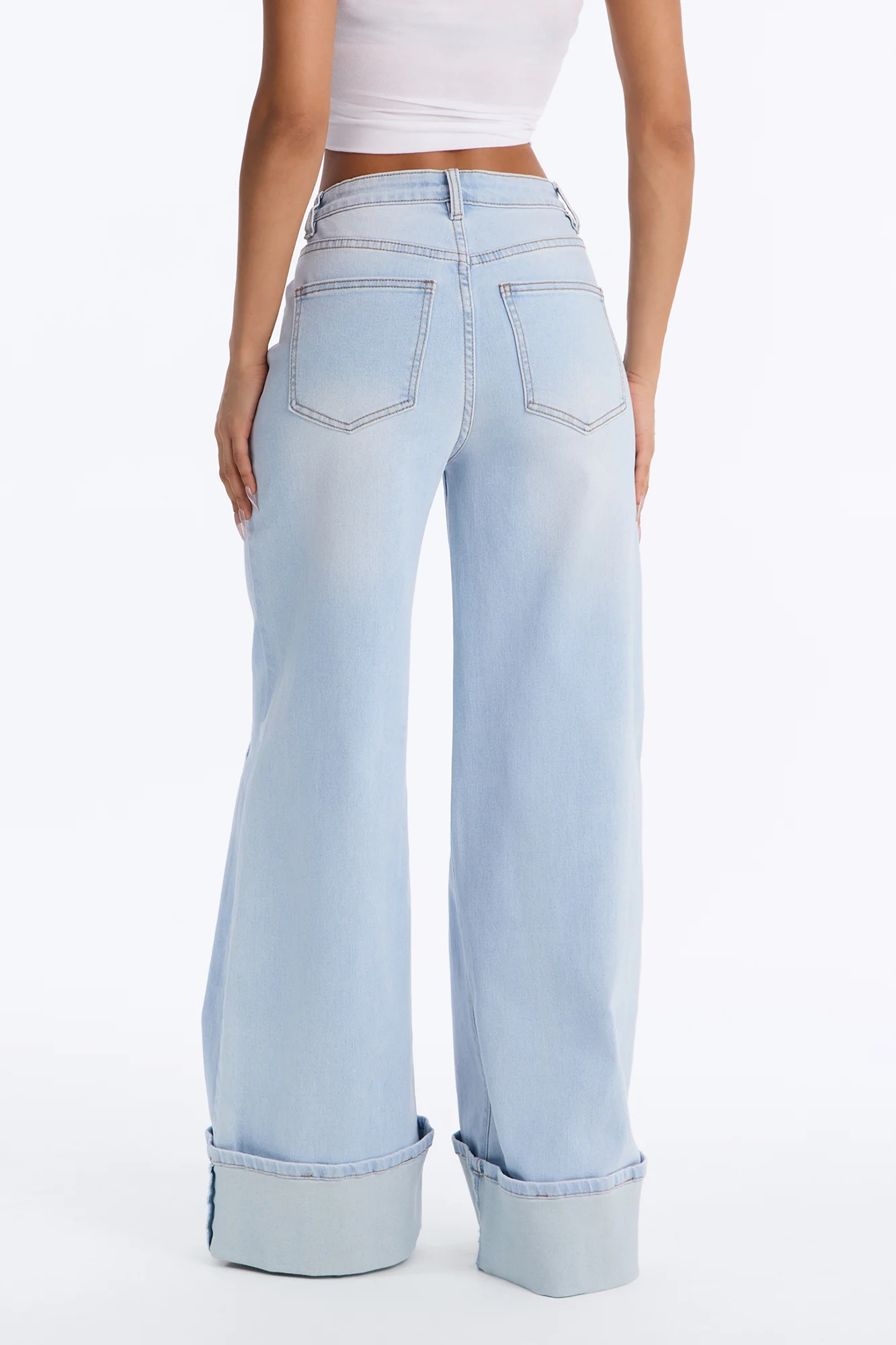 Catch You Later Turn Up Stretch Wide Leg Jeans - Light Wash - Image 4
