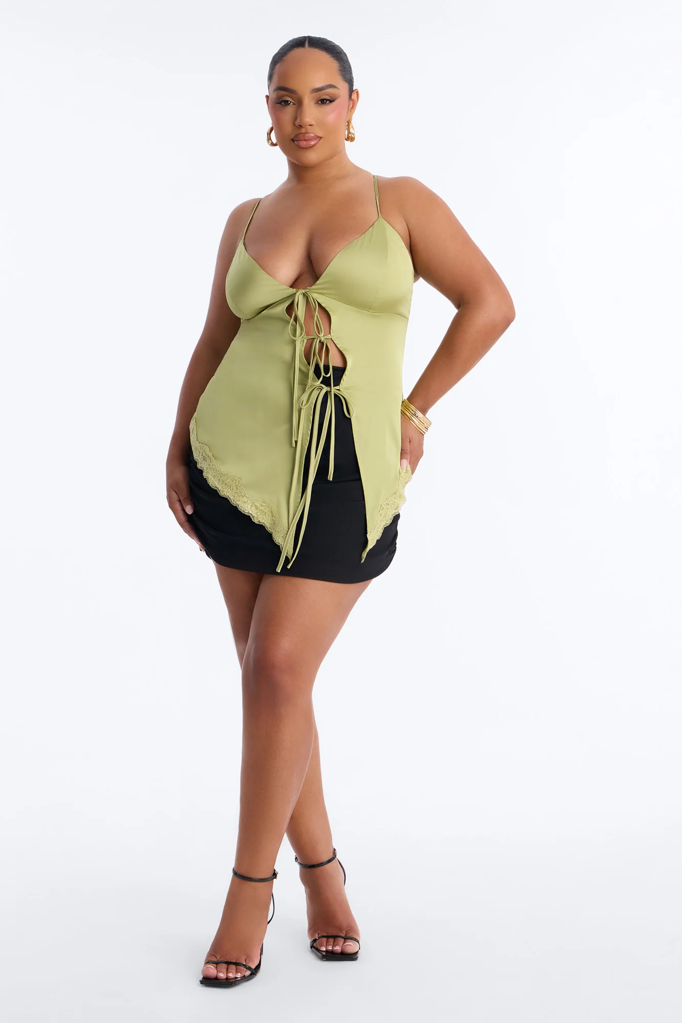 Caught In The Act Lace Trim Satin Flyaway Top - Green - Image 6