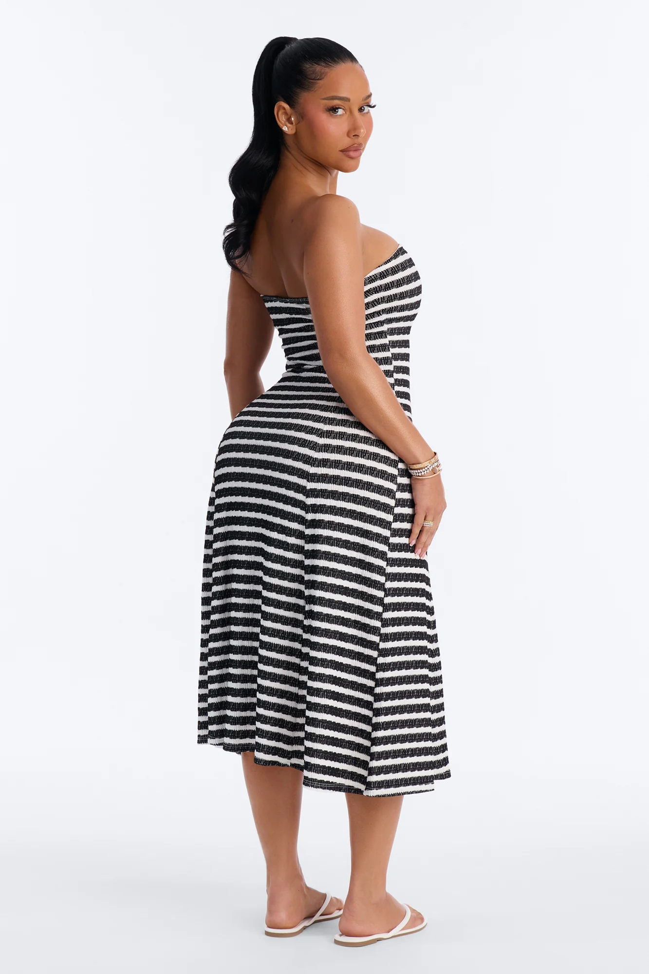 Celia Striped Textured Midi Dress - Black/White - Image 4