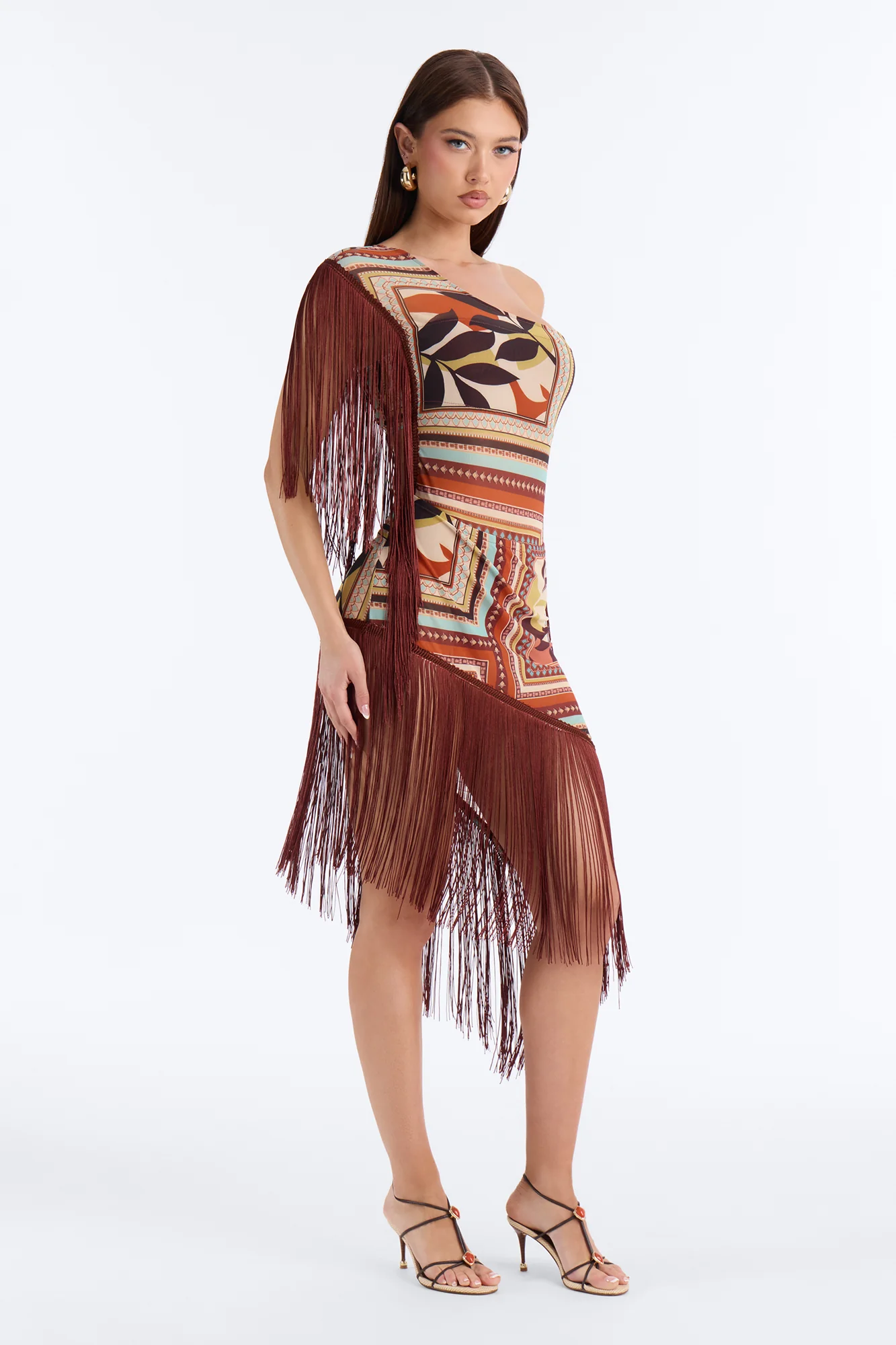 Chain Reaction Fringe Mini Dress - Brown/combo