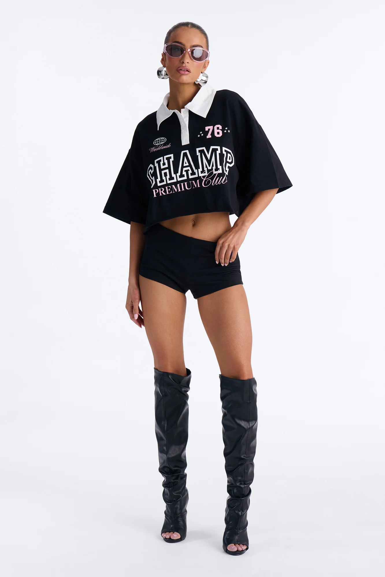 Champs Oversized Cropped Polo - Black - Image 2