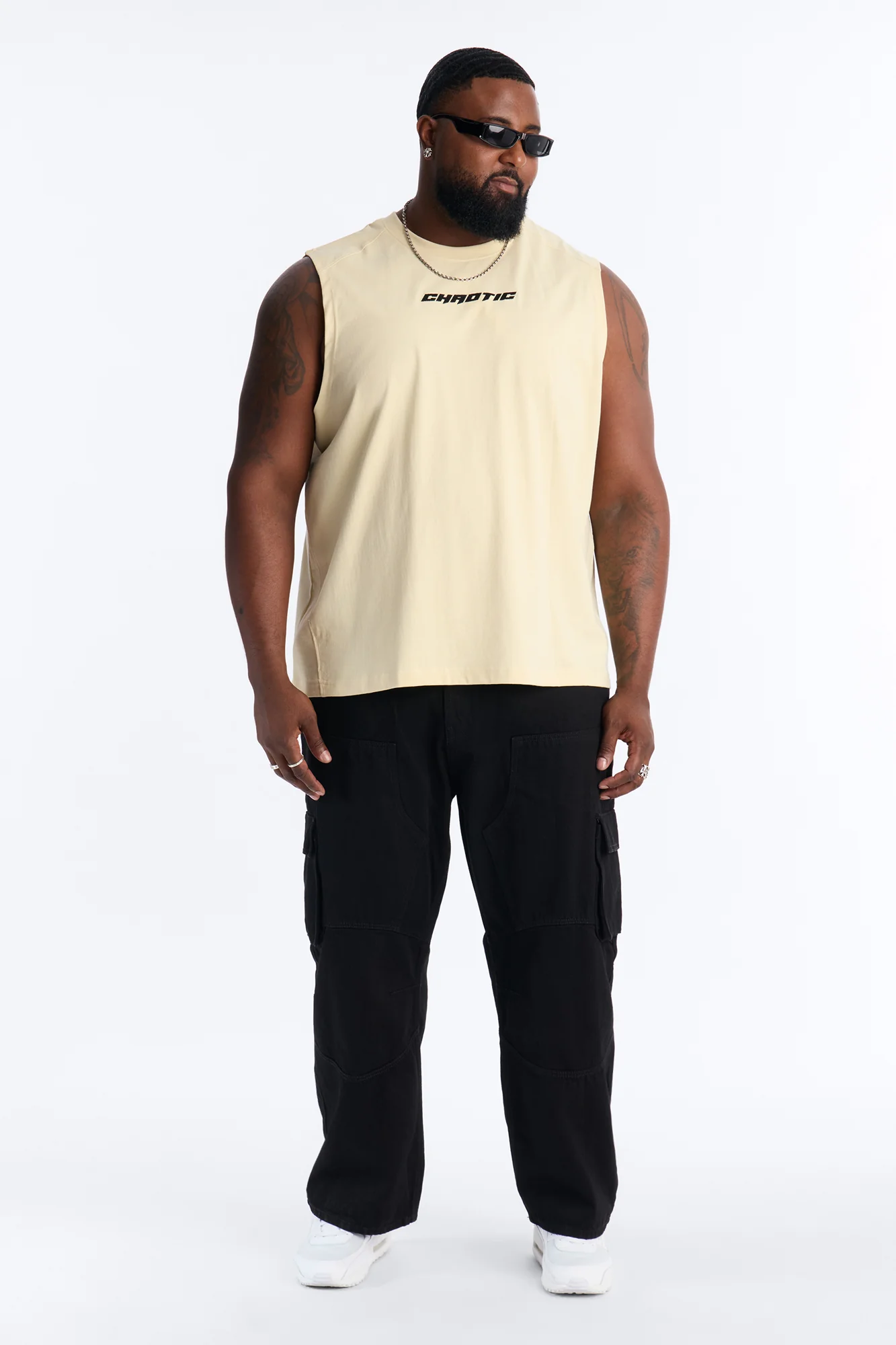 Chaotic Tribal Muscle Tee - Cream - Image 6