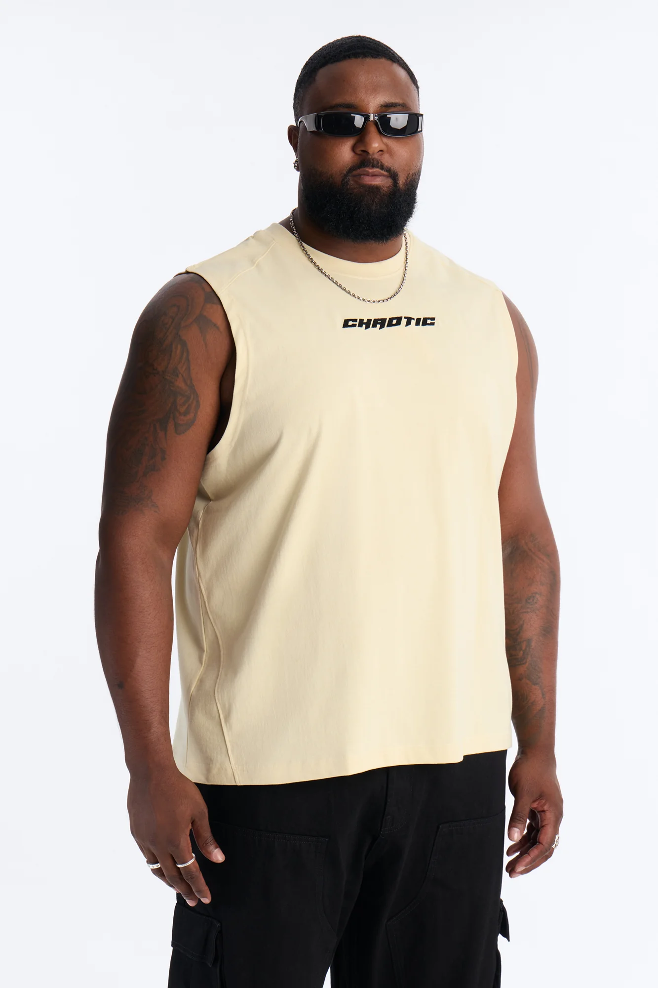 Chaotic Tribal Muscle Tee - Cream - Image 8