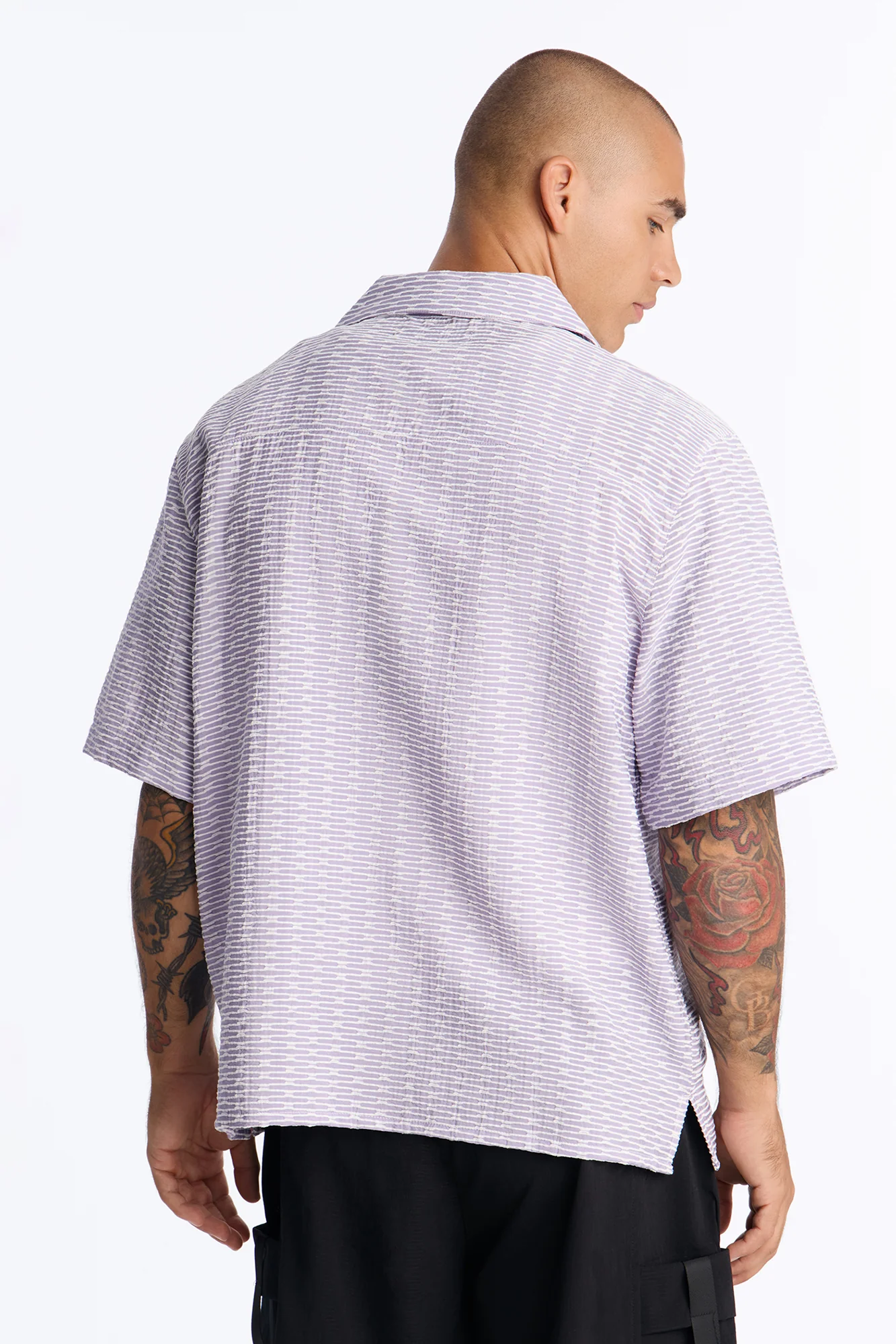 Chenille Terrace Textured Cuban Collar Button Up Shirt - Purple - Image 4