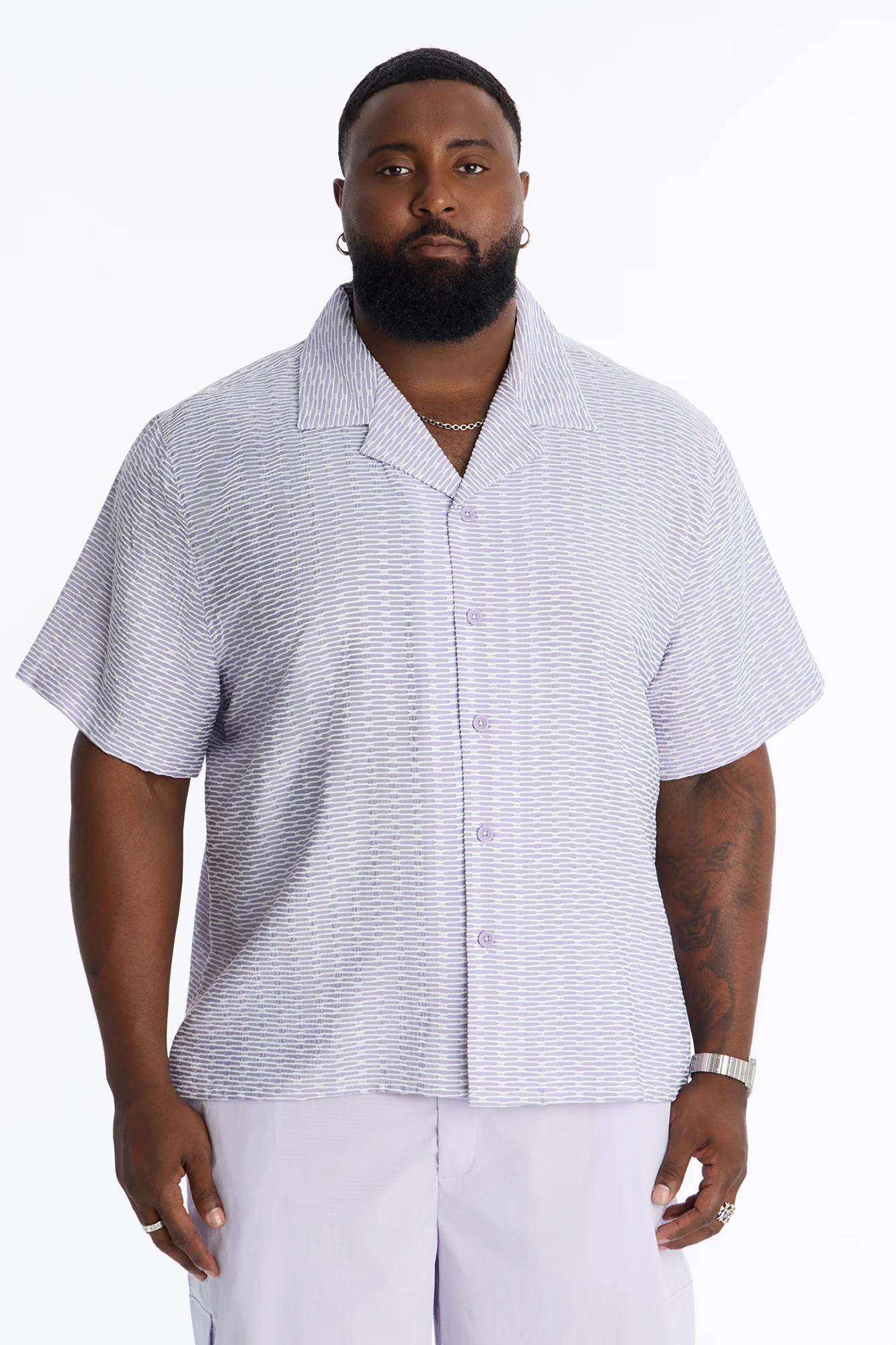 Chenille Terrace Textured Cuban Collar Button Up Shirt - Purple - Image 5