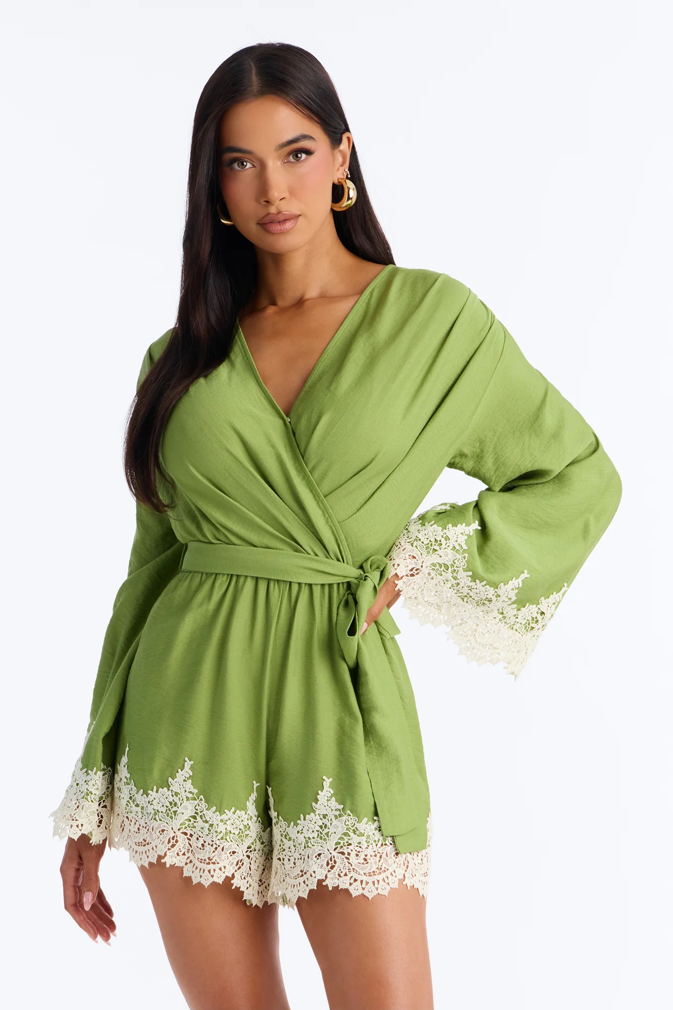 Cherie Lace Trim Tie Waist Romper - Green