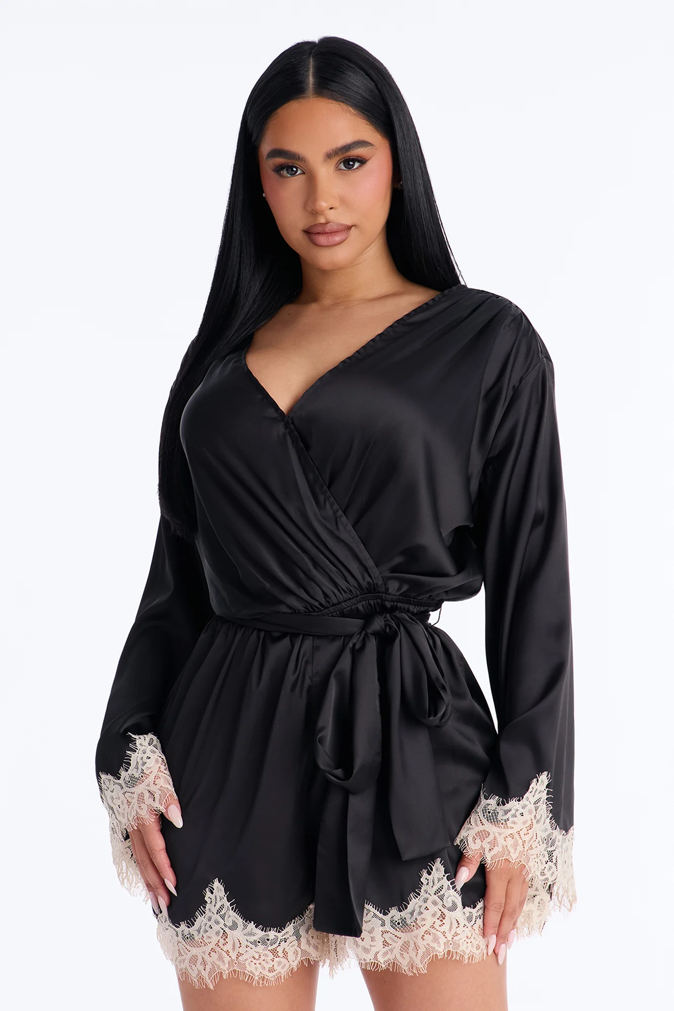 Cherie Satin Lace Trim Romper - Black - Image 2