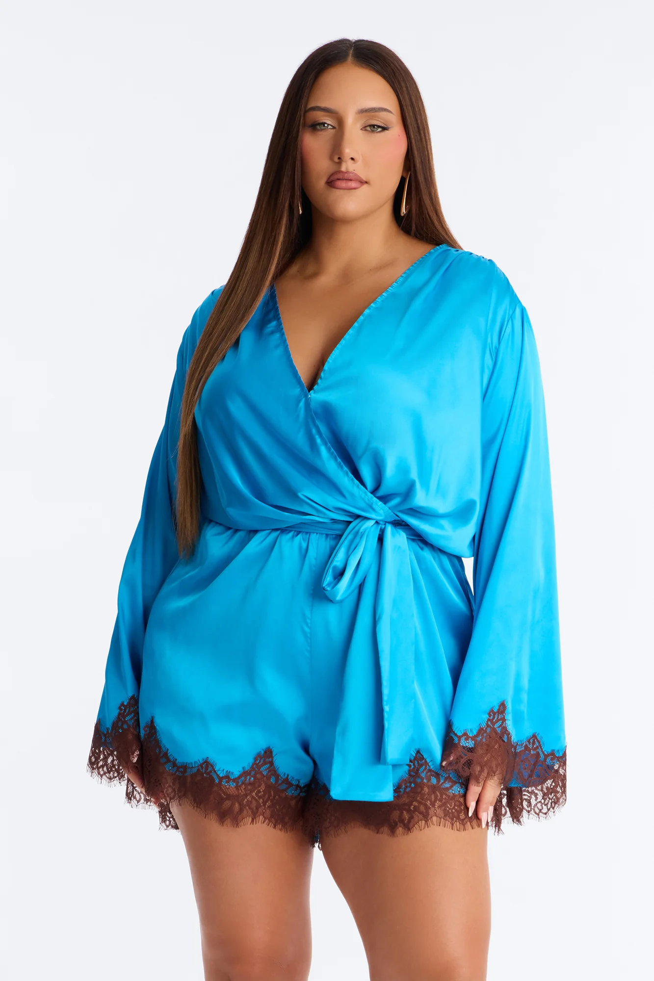 Cherie Satin Lace Trim Romper - Blue - Image 6