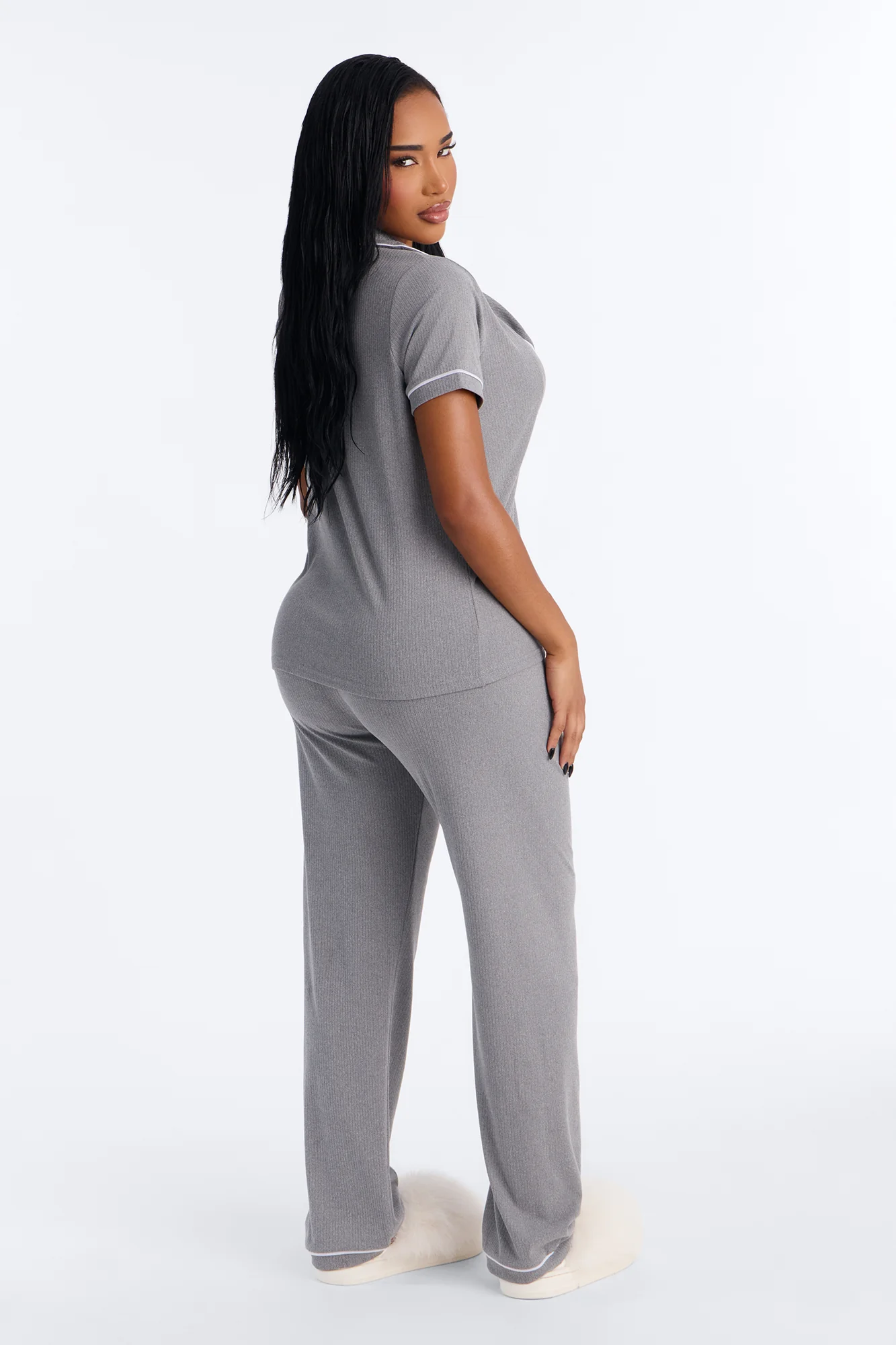 Chill Vibes Only Ribbed PJ Pant Set - Charcoal - Image 4