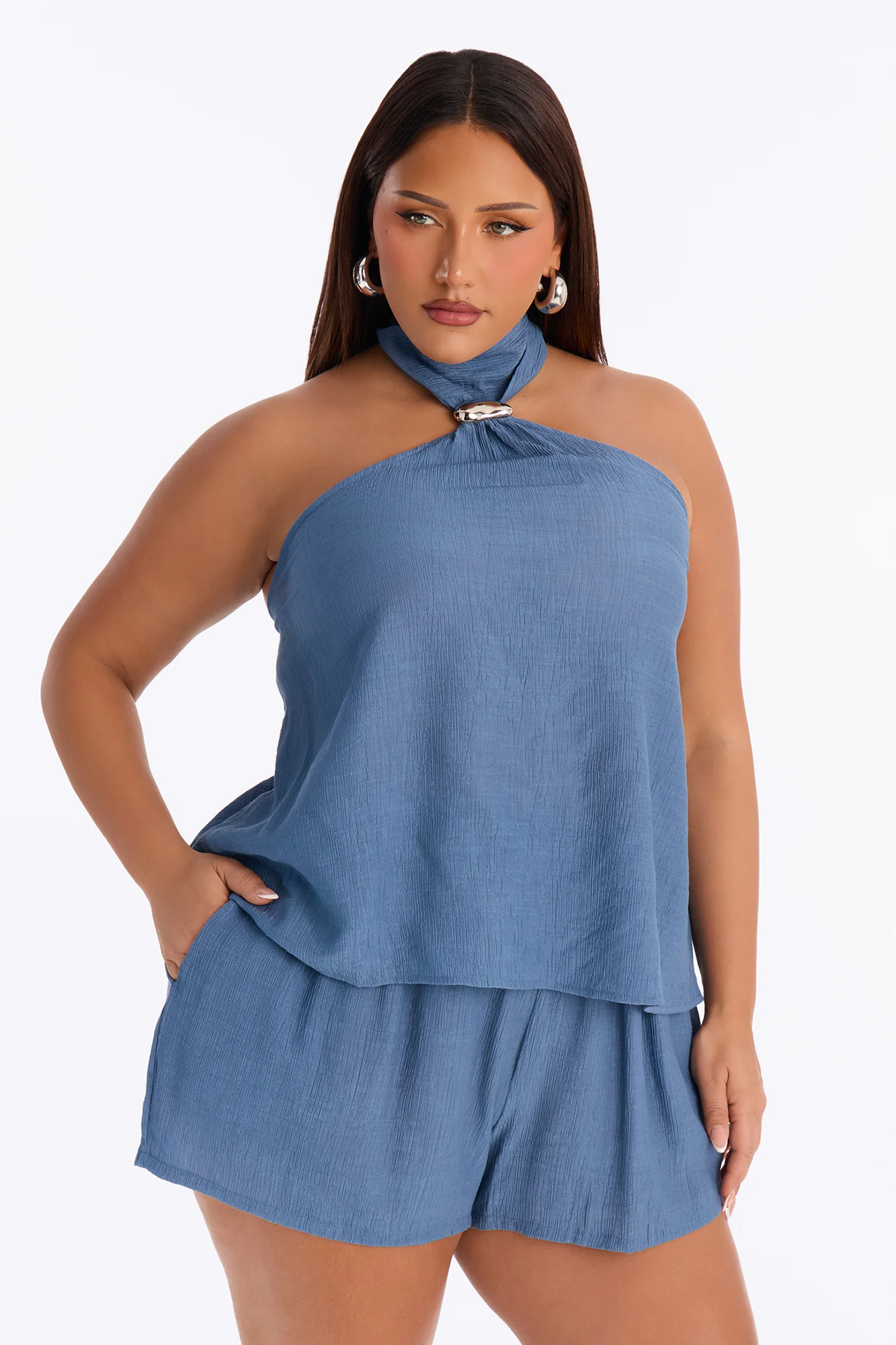 Chloe Halter Textured Short Set - Denim - Image 5