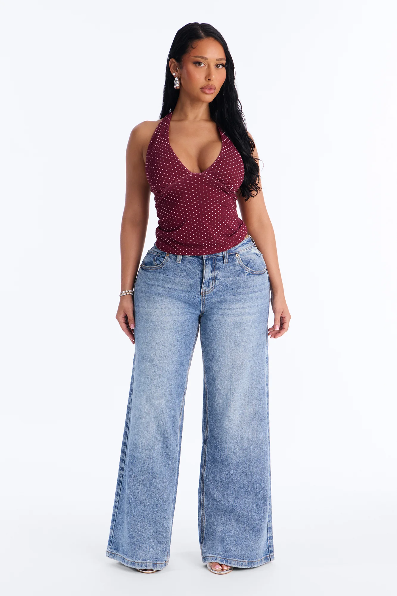Chloe Mesh Polka Dot Halter Top - Burgundy/combo - Image 2