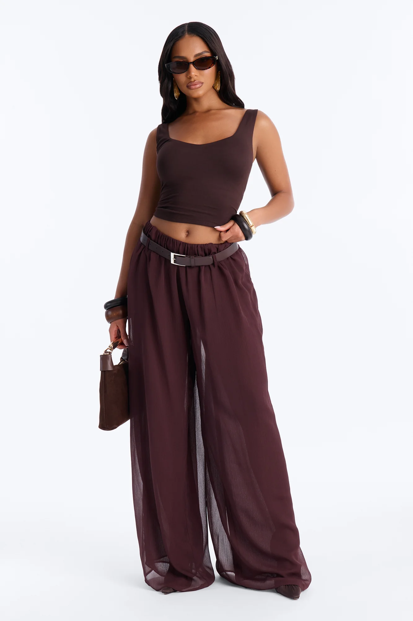 Chloe Wide Leg Chiffon Belted Pant - Chocolate