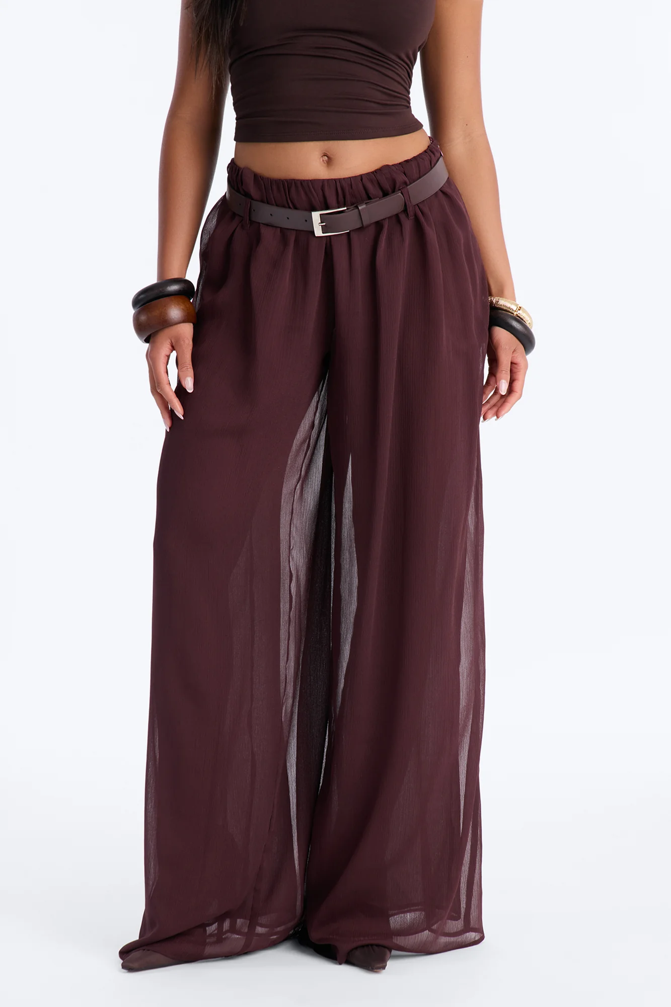 Chloe Wide Leg Chiffon Belted Pant - Chocolate - Image 2