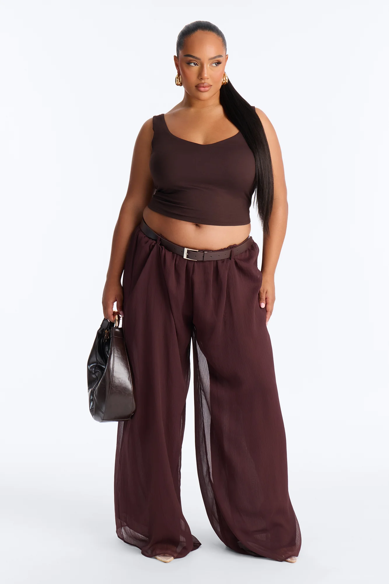 Chloe Wide Leg Chiffon Belted Pant - Chocolate - Image 4