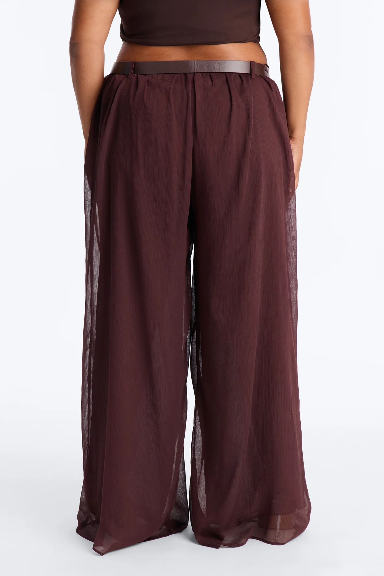 Chloe Wide Leg Chiffon Belted Pant - Chocolate - Image 5