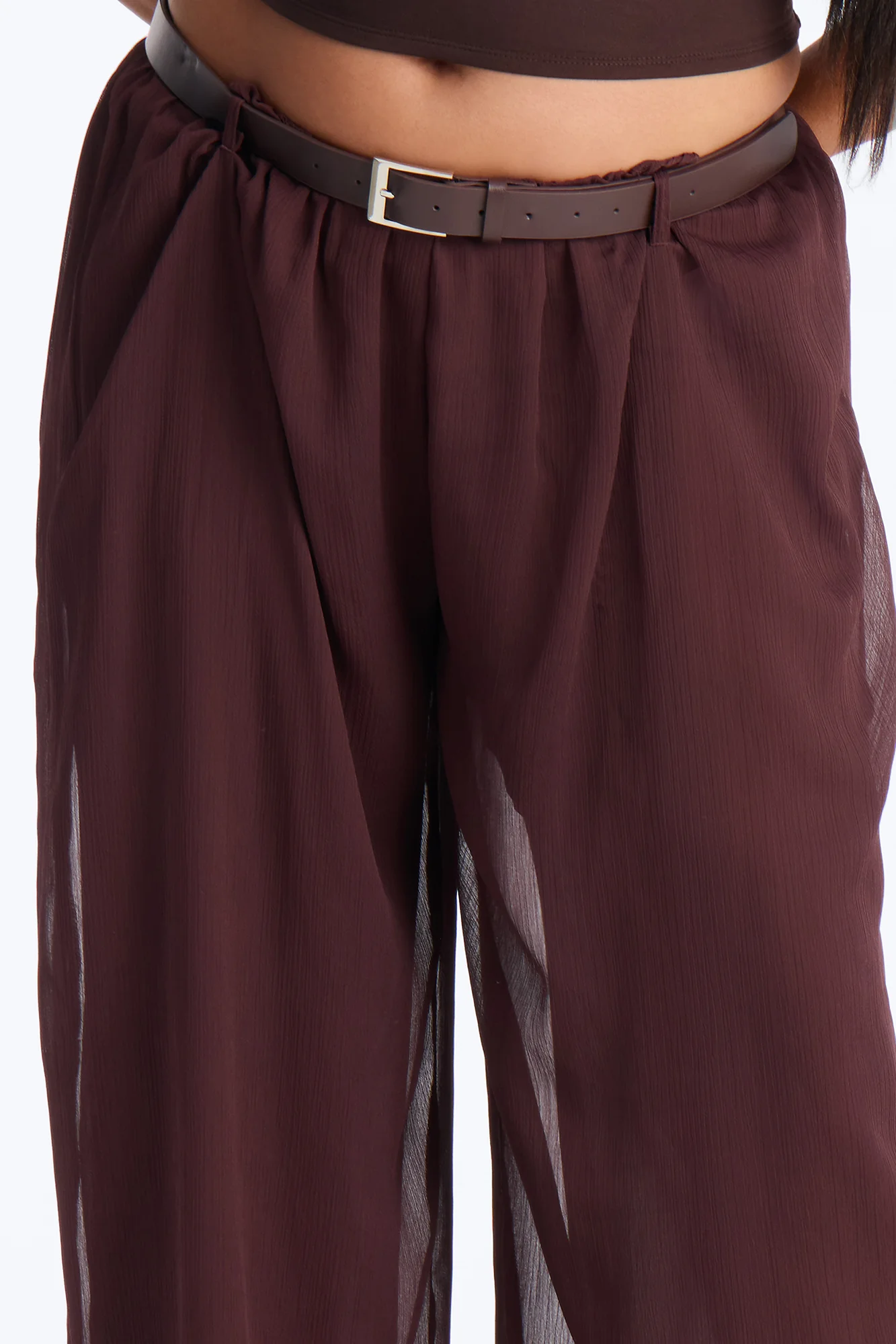 Chloe Wide Leg Chiffon Belted Pant - Chocolate - Image 6