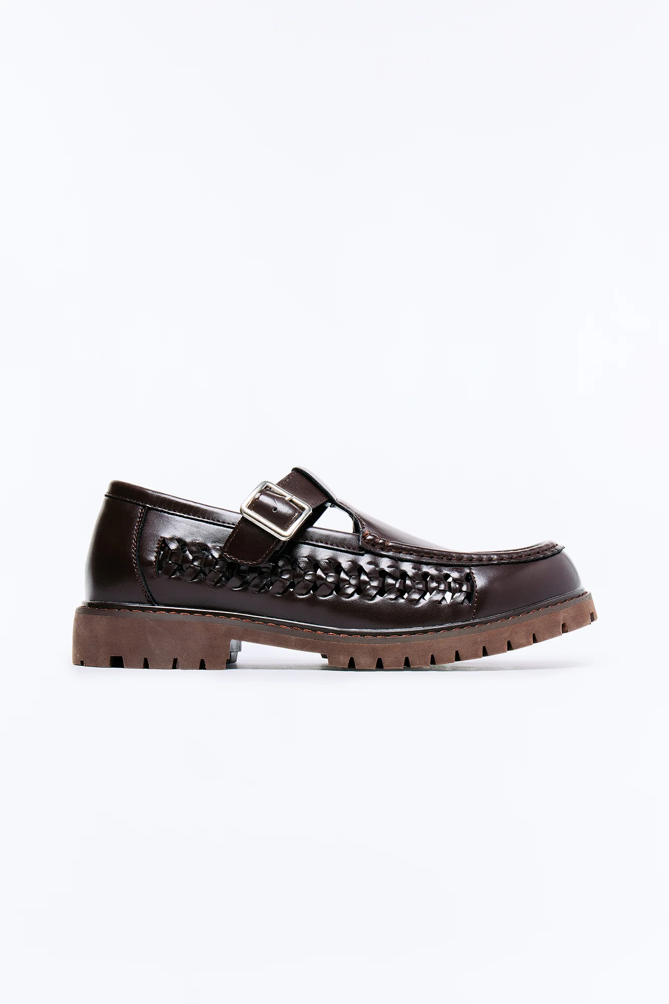 Chunky Woven Side Panel Mary Jane Shoes - Brown