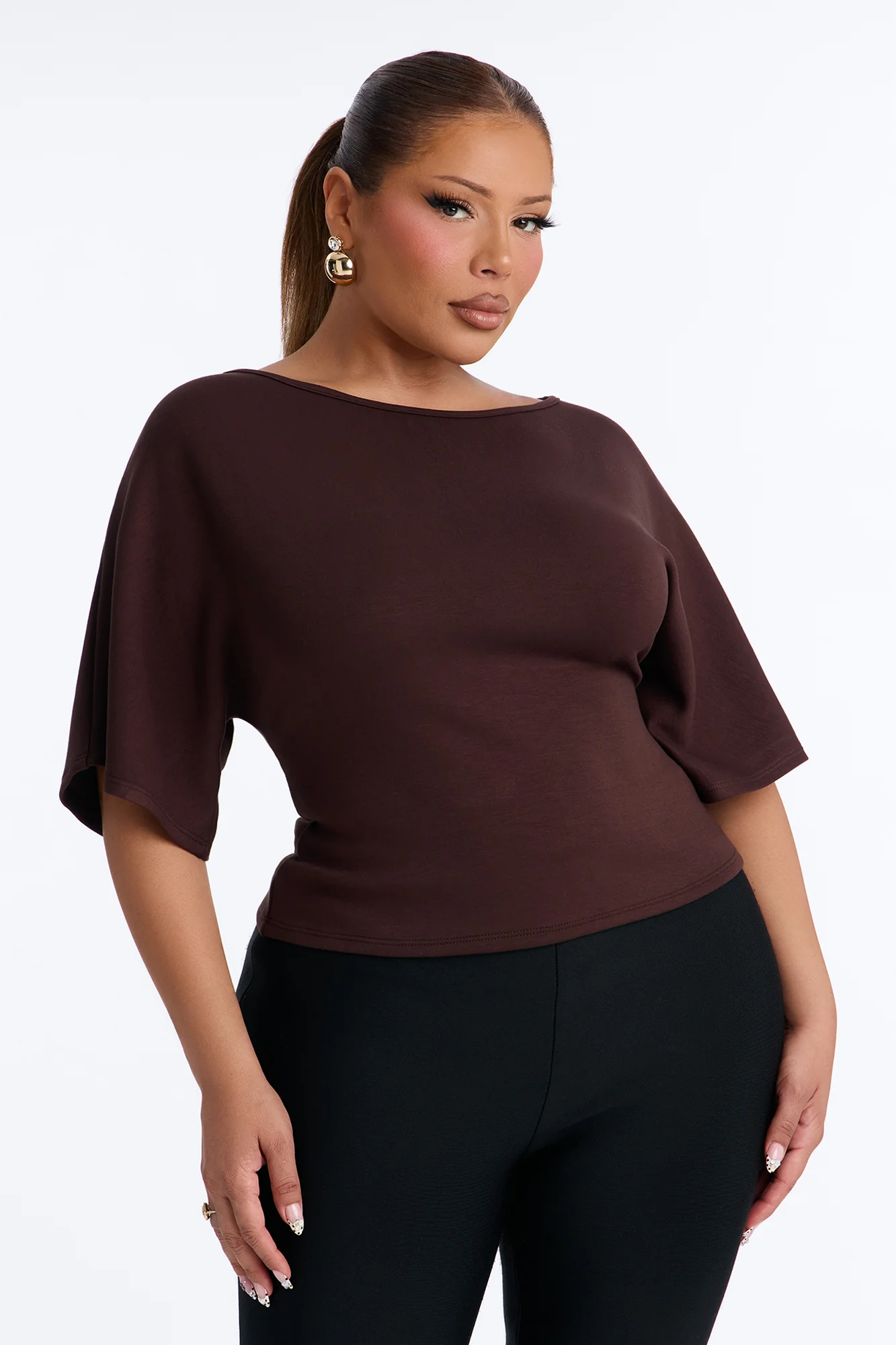 Cici Cinched Waist Short Sleeve Top - Brown - Image 5