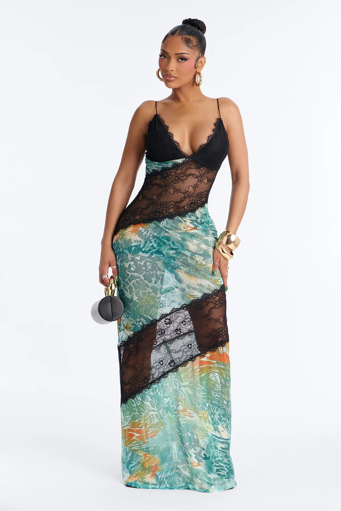 City Nights Lace Cut Out Maxi Dress - Green/combo