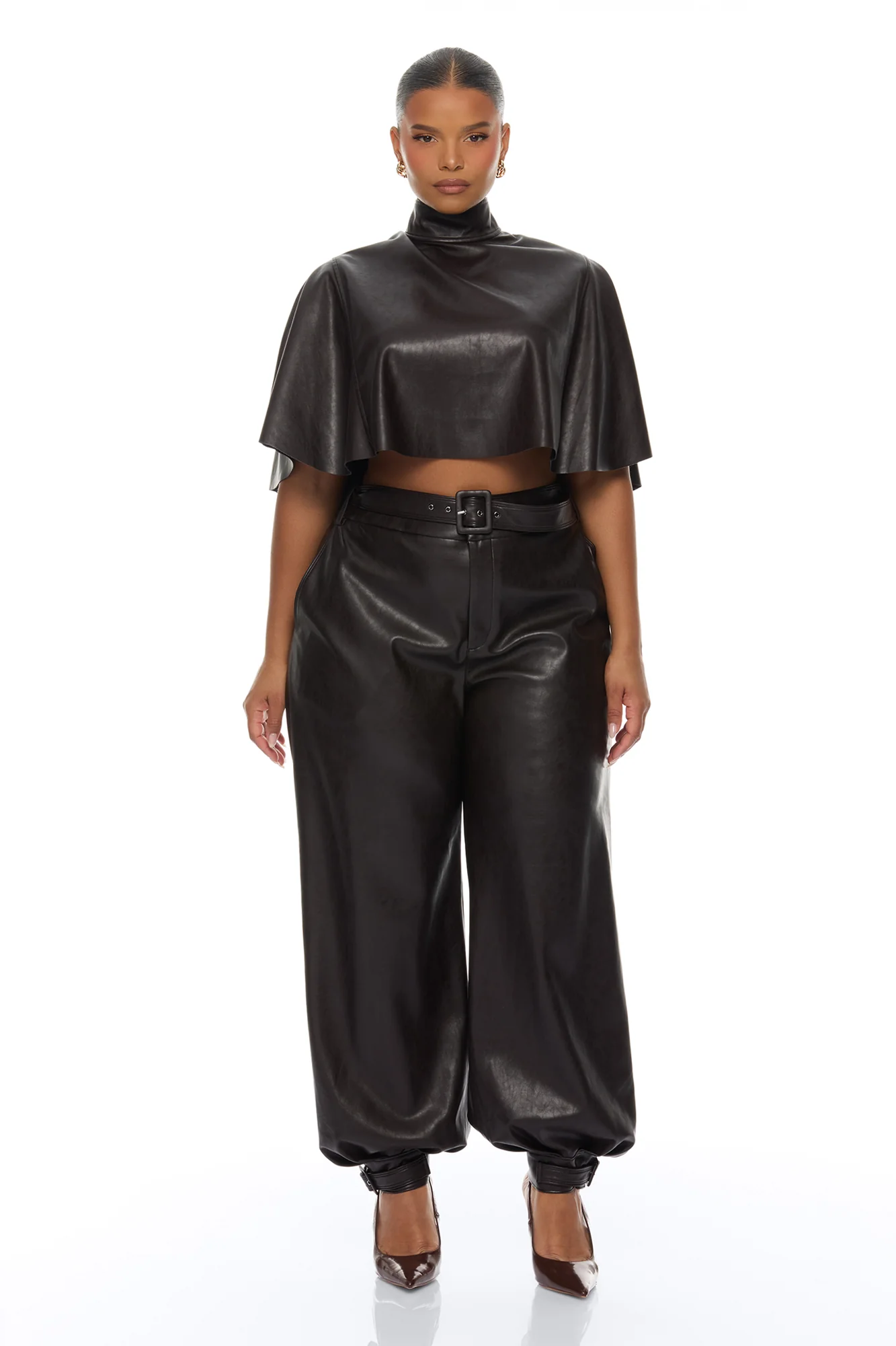 City Streets Faux Leather Balloon Pant Set - Chocolate - Image 6