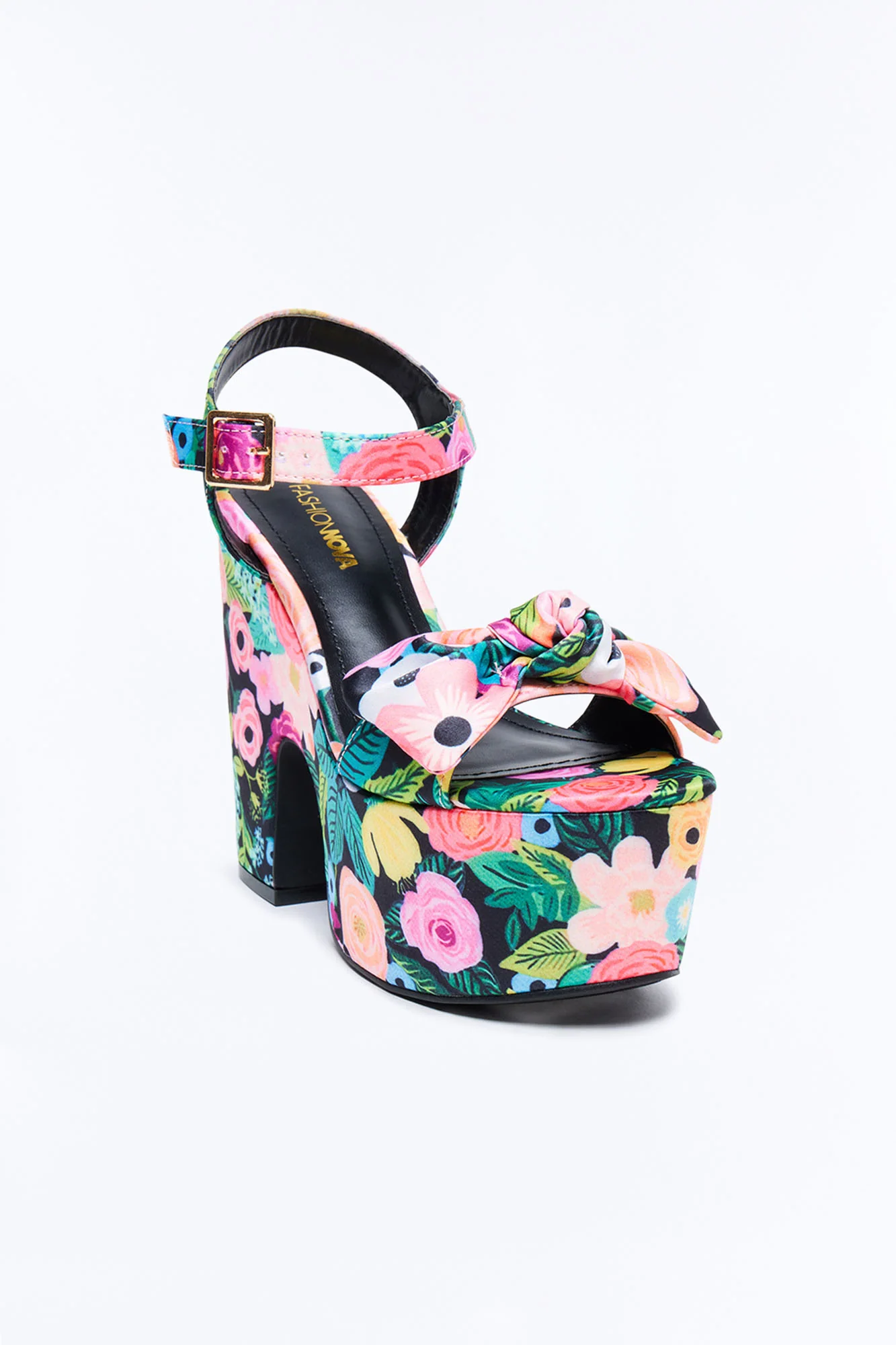 Clara Floral Print Satin Platform Heels - Black/Pink - Image 2
