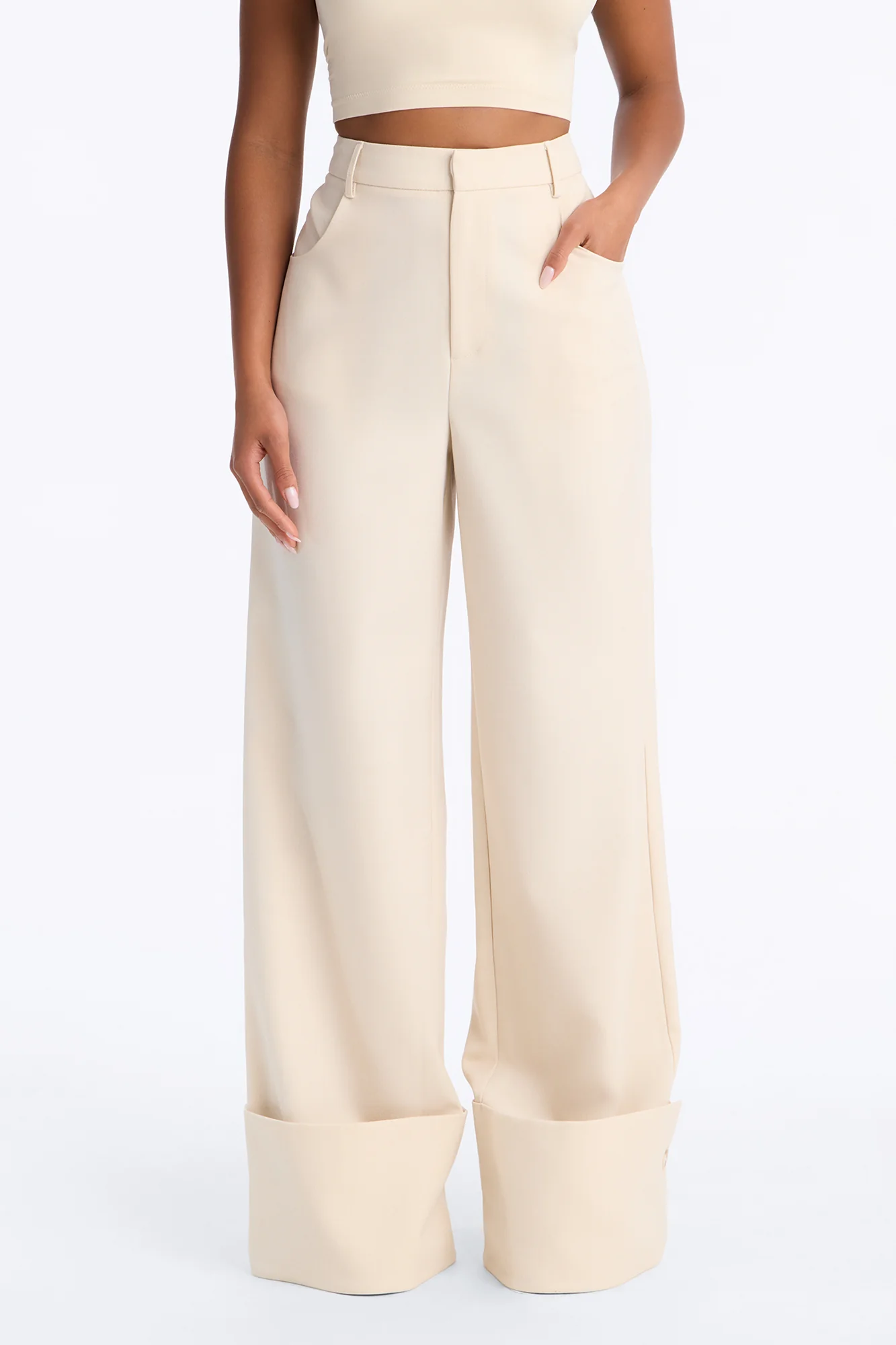 Clara High Rise Wide Leg Cuffed Trouser Pant - Stone - Image 2