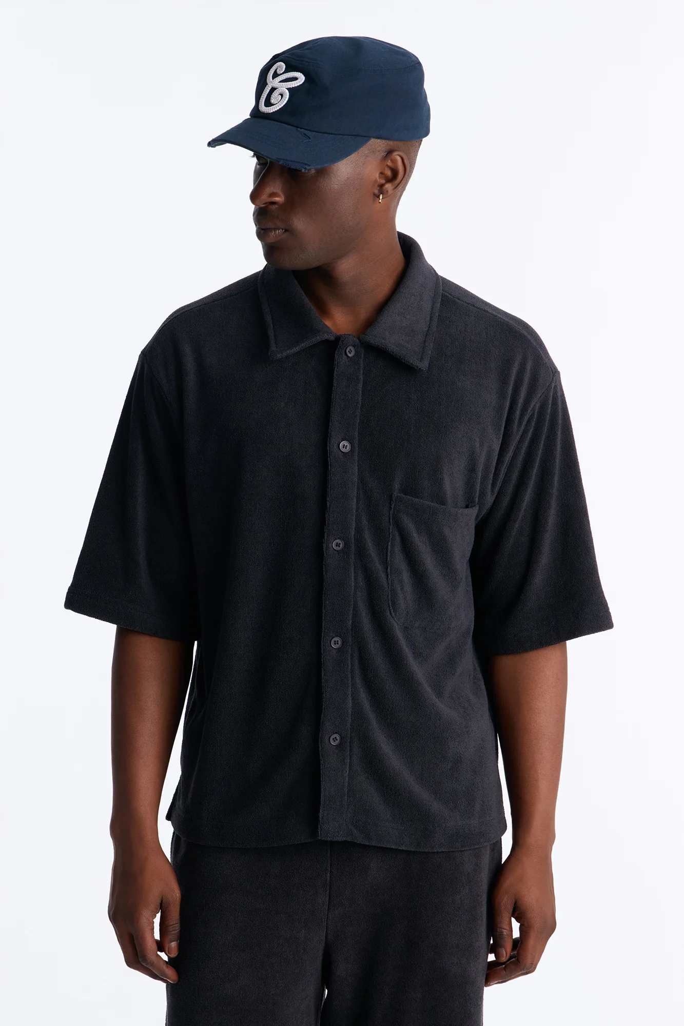 Classic Terry Cloth Button Up Shirt - Black