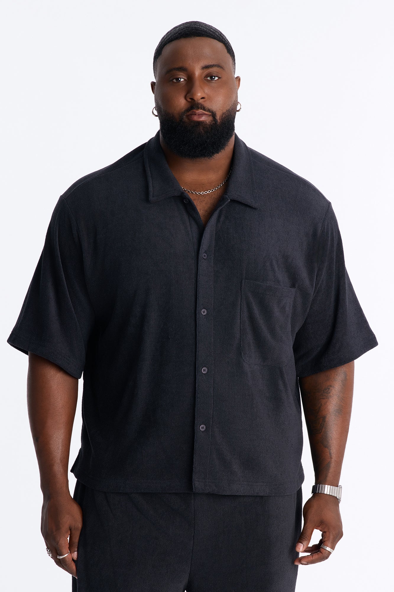 Classic Terry Cloth Button Up Shirt - Black - Image 6