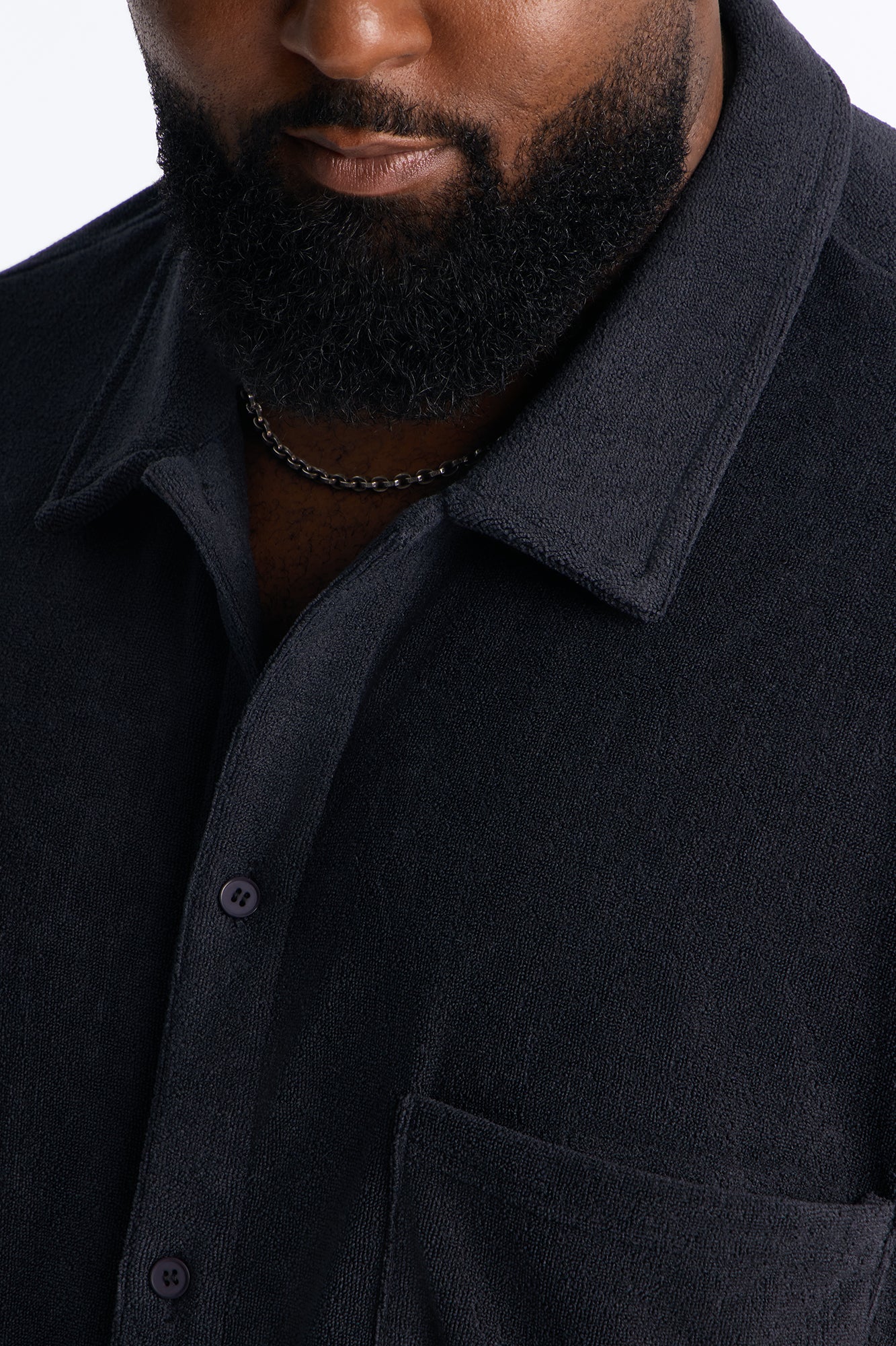 Classic Terry Cloth Button Up Shirt - Black - Image 8