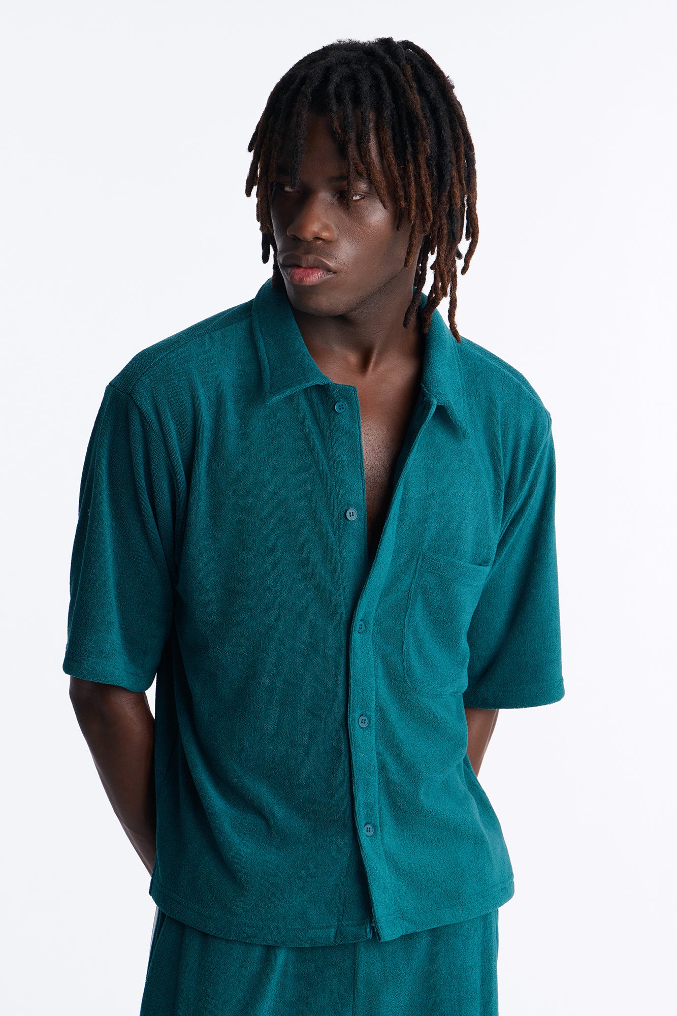 Classic Terry Cloth Button Up Shirt - Teal