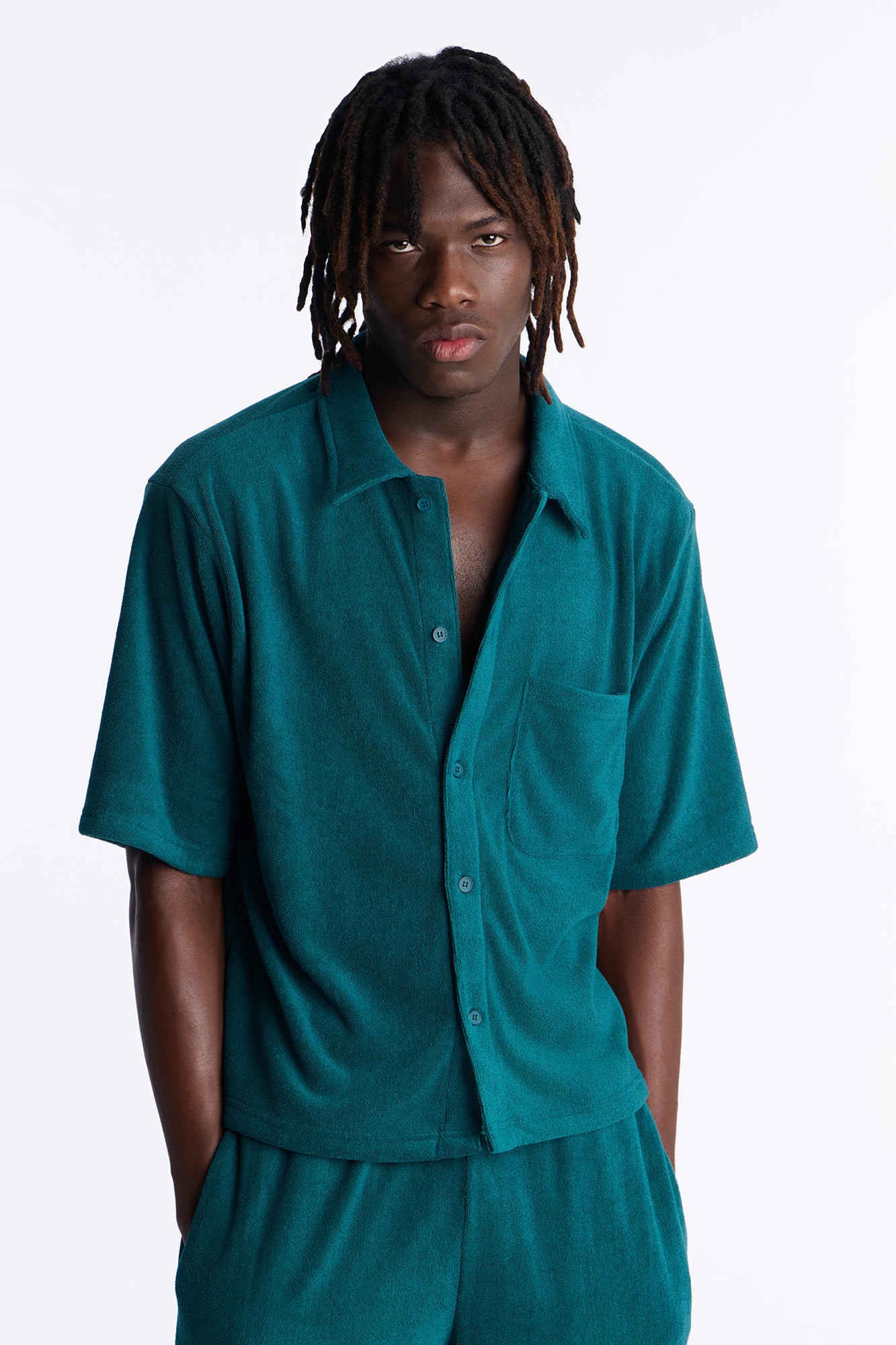 Classic Terry Cloth Button Up Shirt - Teal - Image 3
