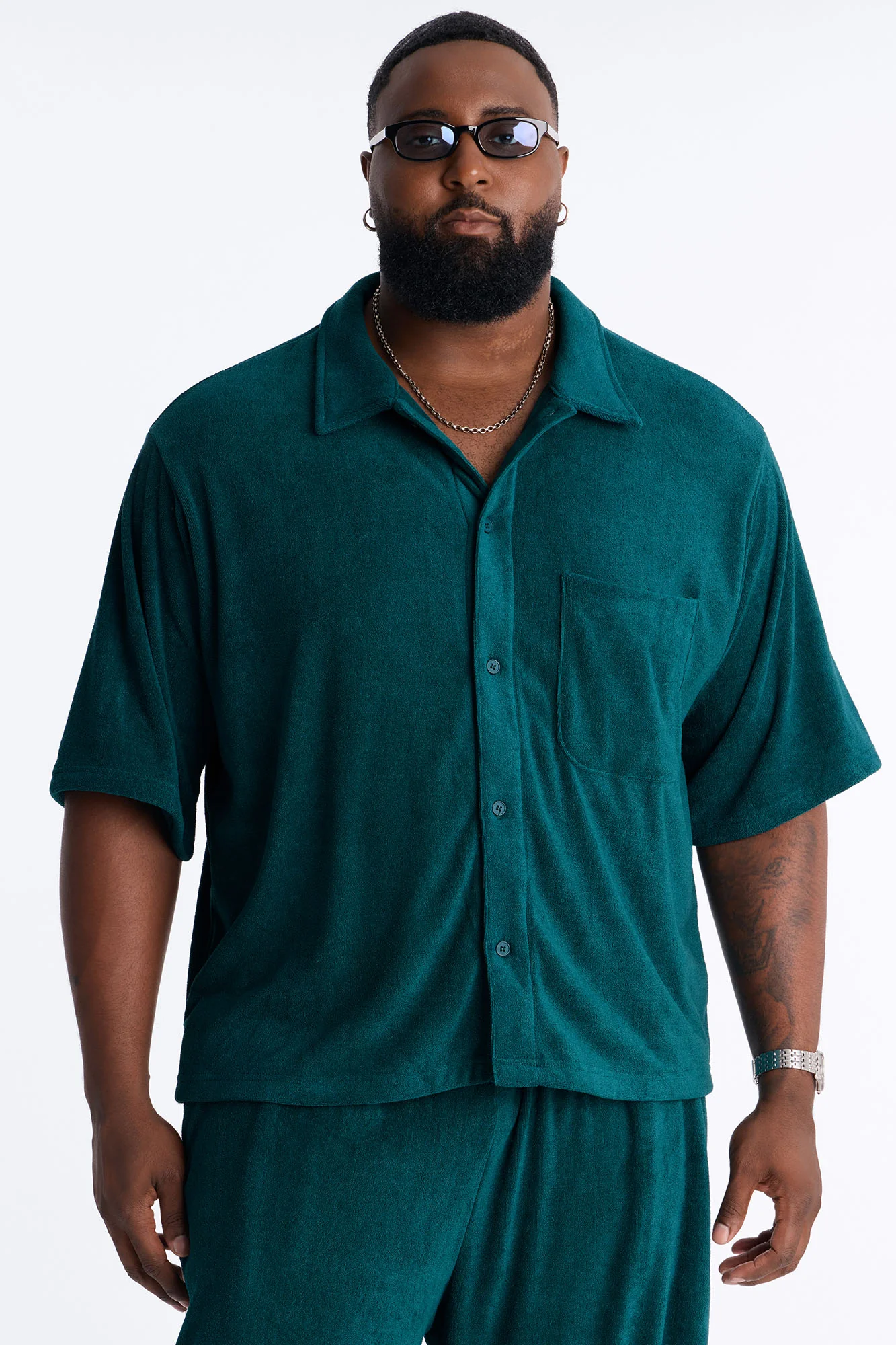 Classic Terry Cloth Button Up Shirt - Teal - Image 6