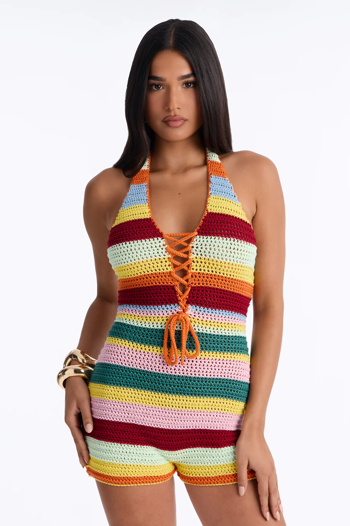 Cleo Crochet Halter Romper - Multi Color