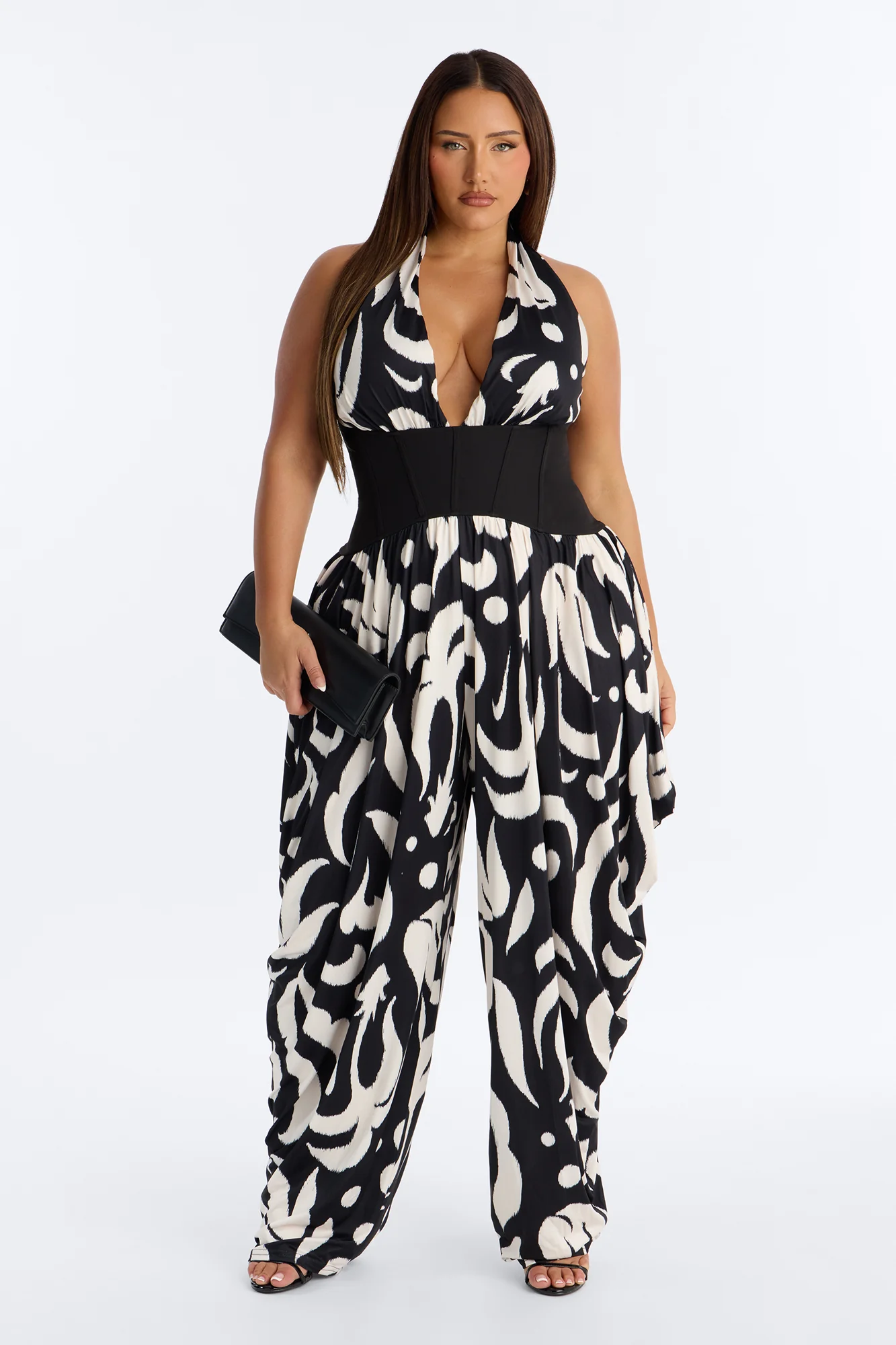 Cleo Plunge Corset Jumpsuit - Black/White - Image 5