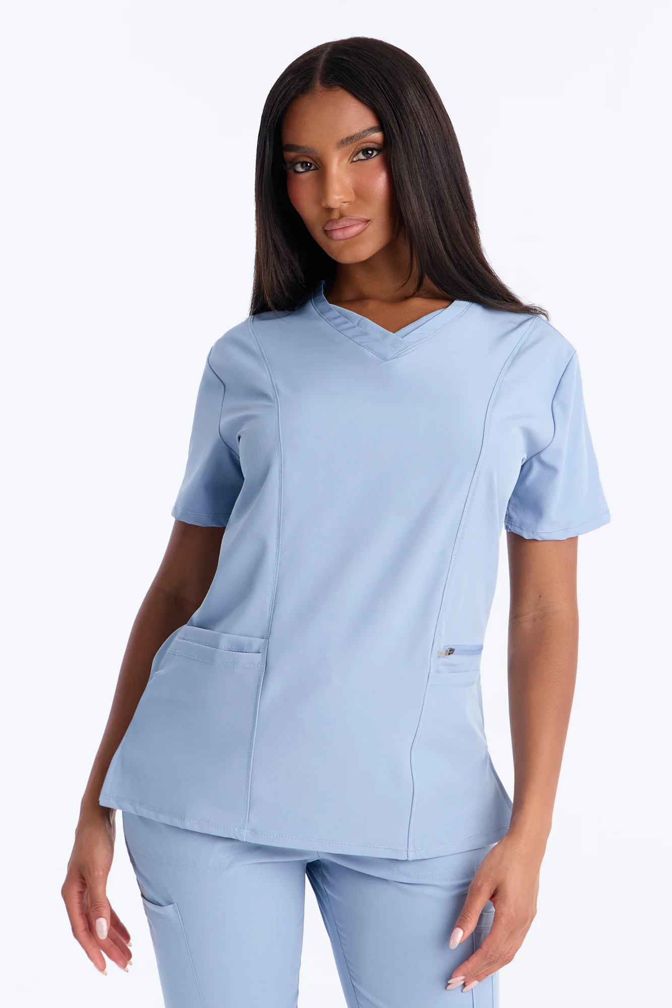 Clinical 4 Way Stretch Pocket Back Knit Jogger Scrub Set - Dusty Blue - Image 2
