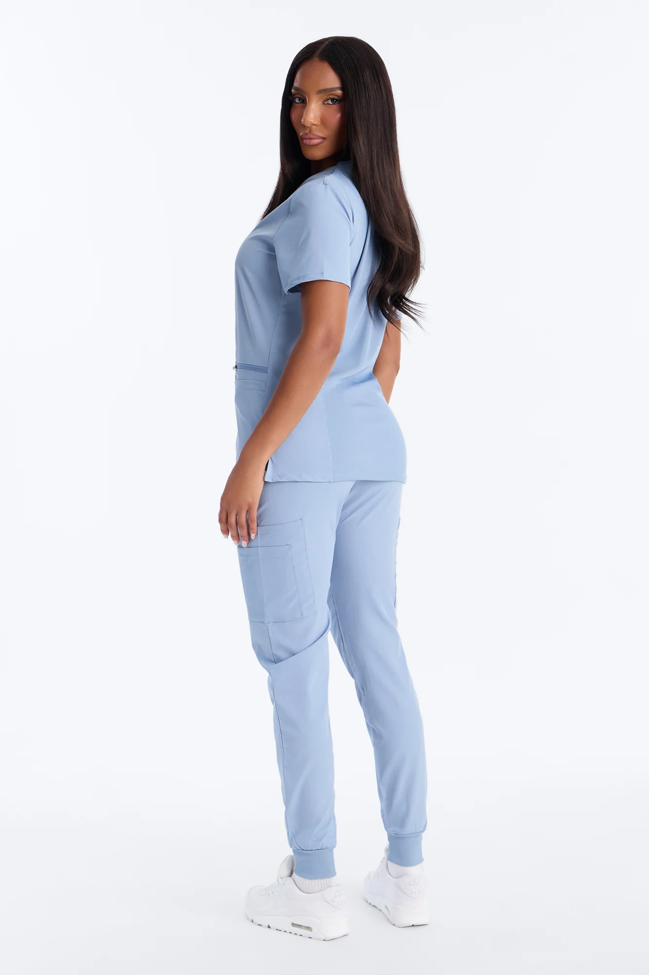 Clinical 4 Way Stretch Pocket Back Knit Jogger Scrub Set - Dusty Blue - Image 4