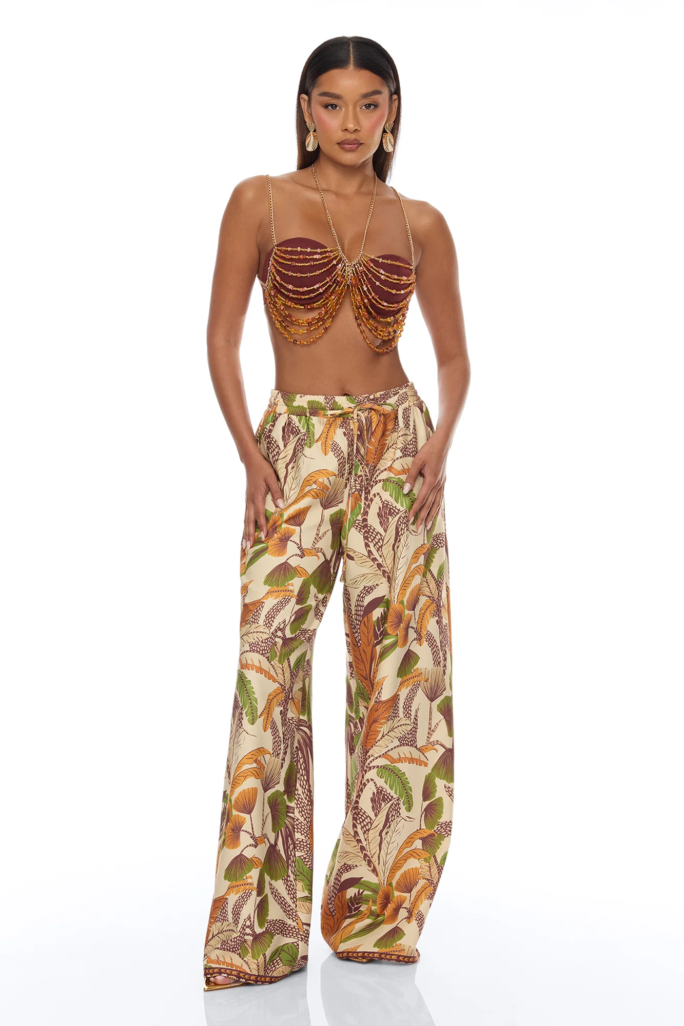 Coastal Chic Beaded Pant Set - BrownCombo