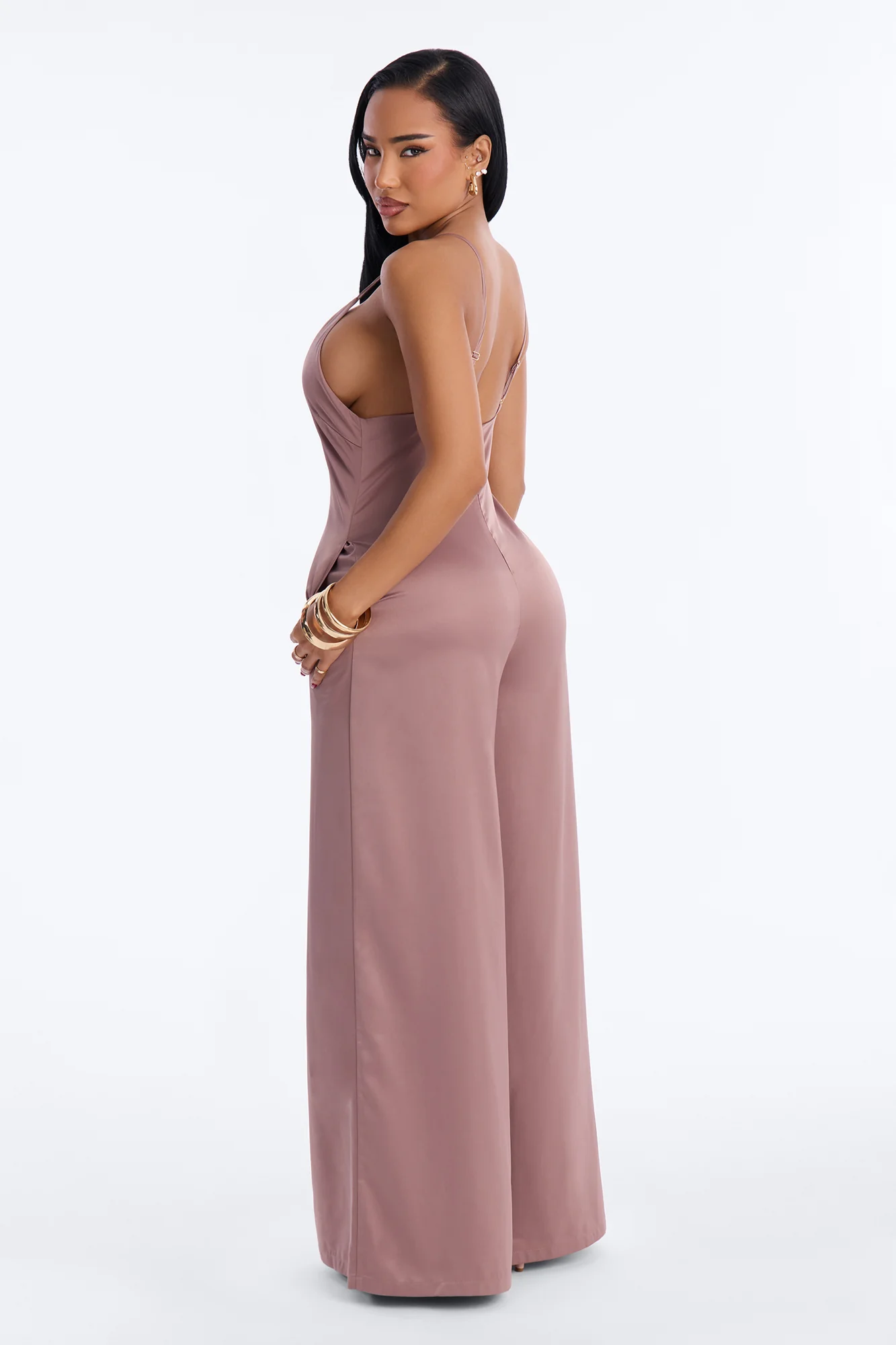 Coco Satin Wide Leg Jumpsuit - Taupe - Image 3
