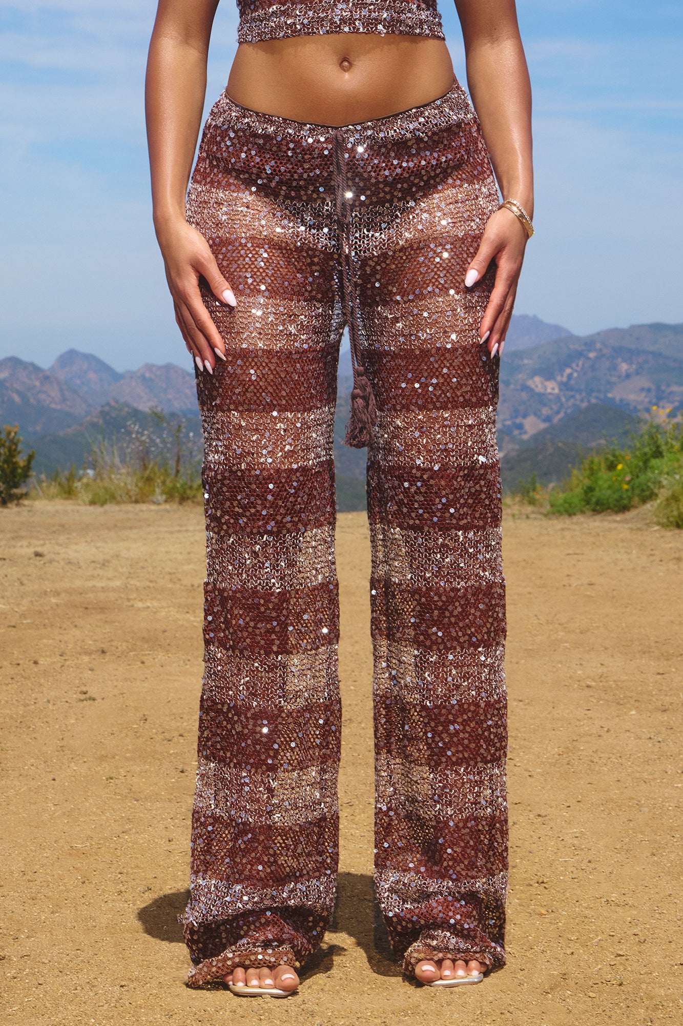 Coconut Shores Sequin Crochet Pant Set - Brown - Image 2