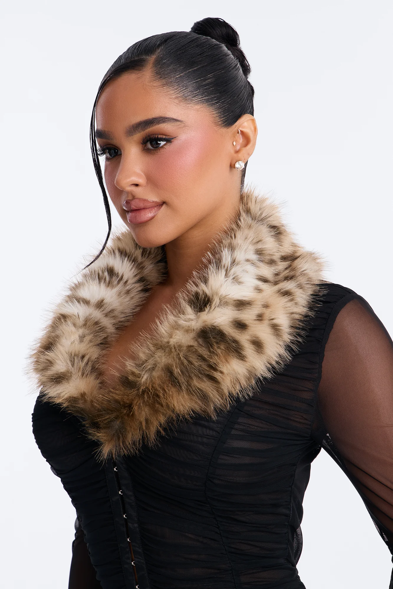 Cold Weather Hot Babe Fur Trim Mesh Romper - Black - Image 4