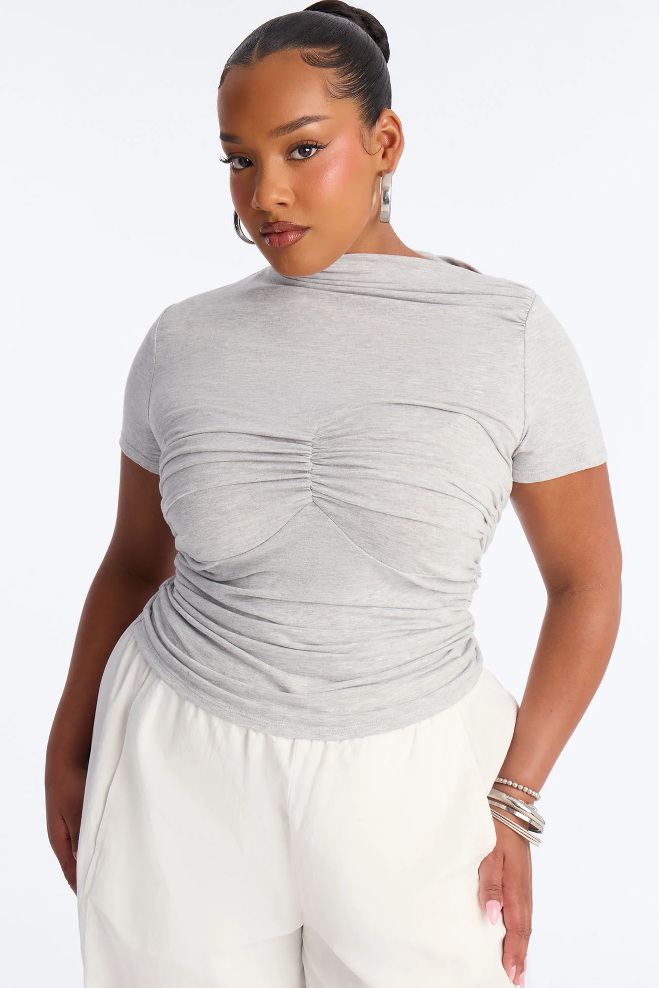 Coni Asymmetrical Mock Neck Short Sleeve Top - Grey - Image 5