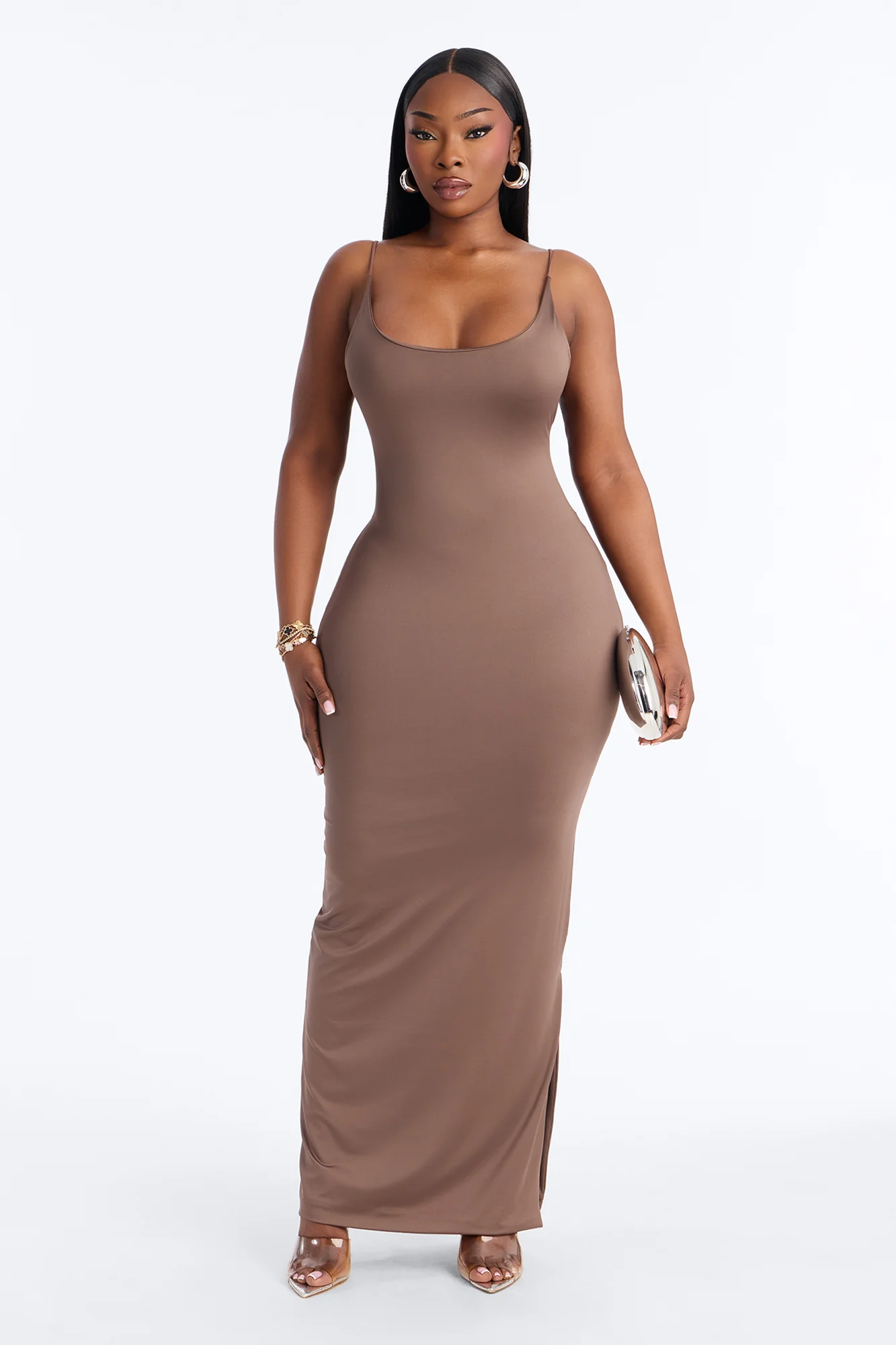 Contour Double Lined Scoop Neck Spaghetti Strap Maxi Dress - Brown - Image 5